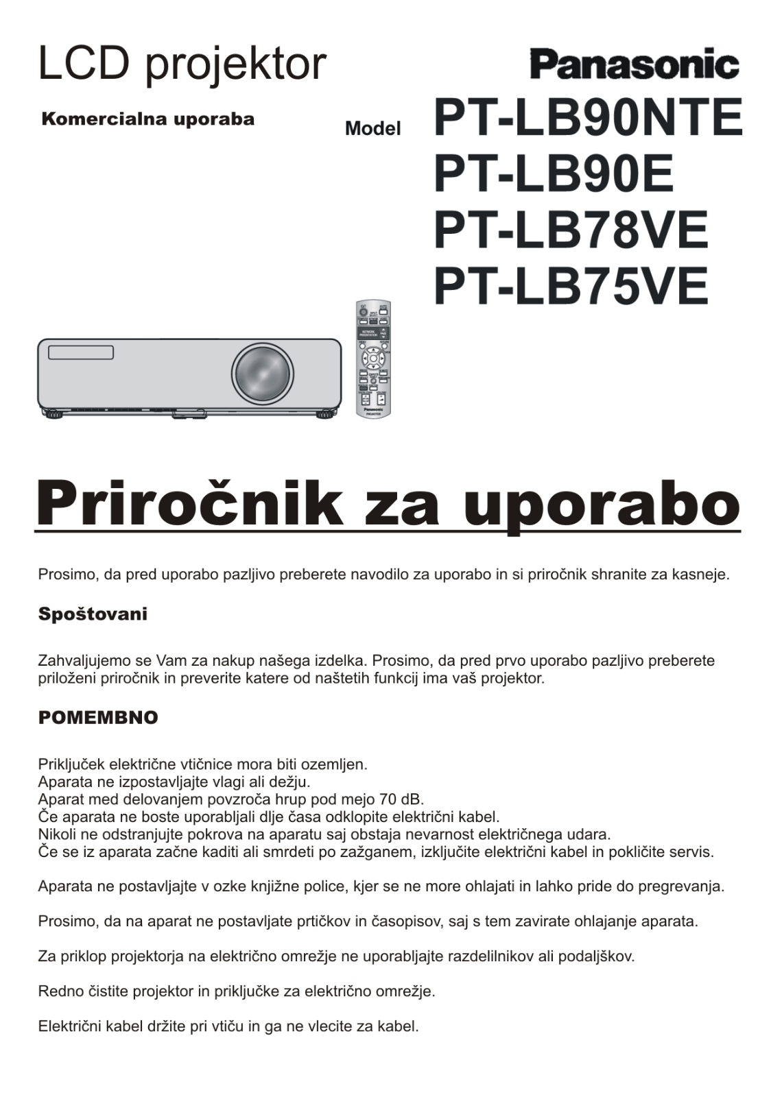 Panasonic PT-LB90NTE, PT-LB78VE, PT-LB90E, PT-LB75VE User Manual