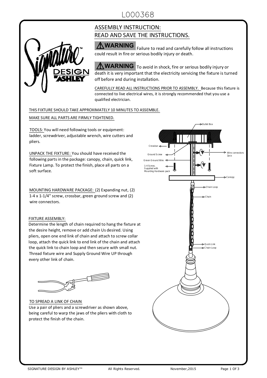 Ashley L000368 Installation Manual