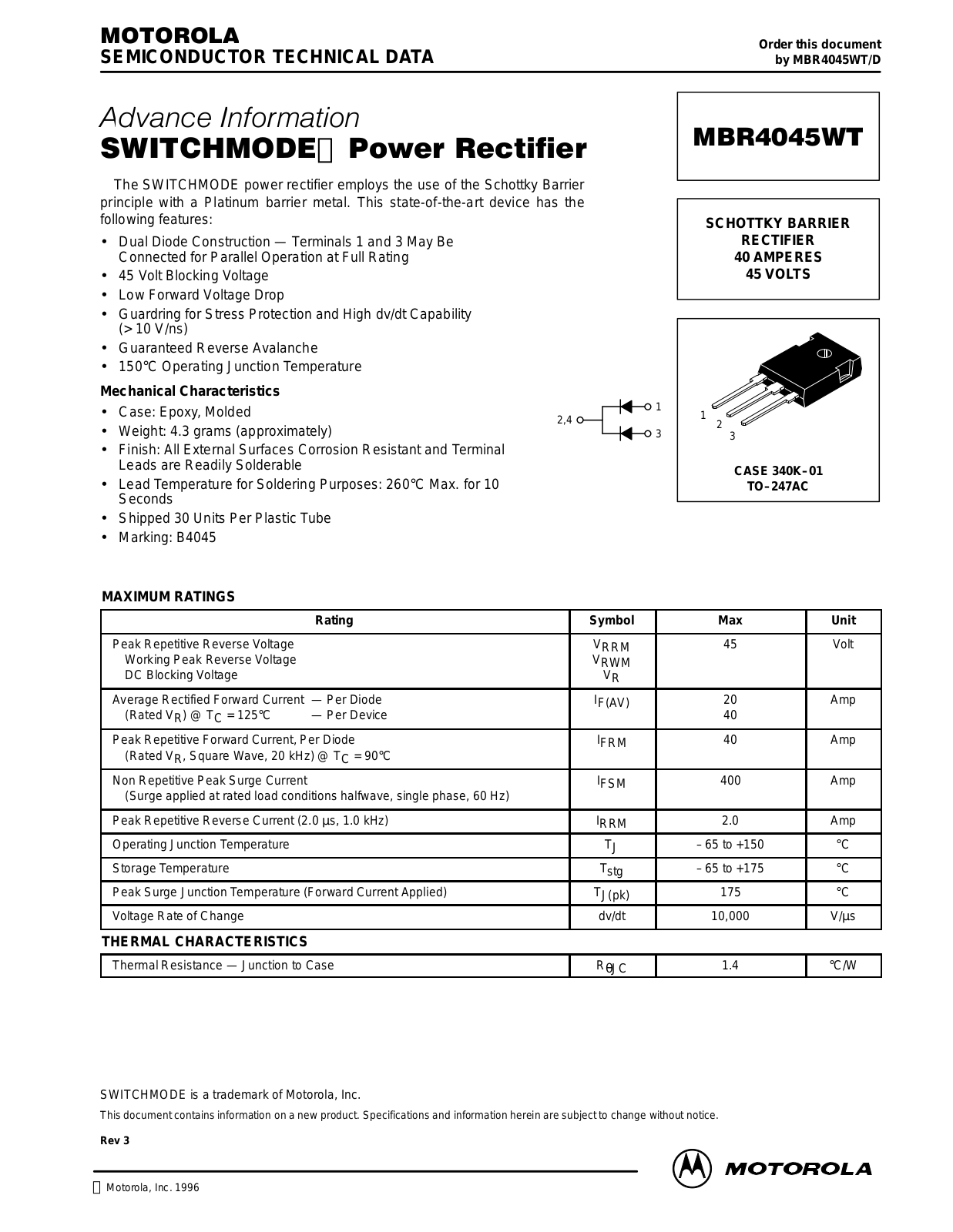 Motorola MBR4045WT Datasheet