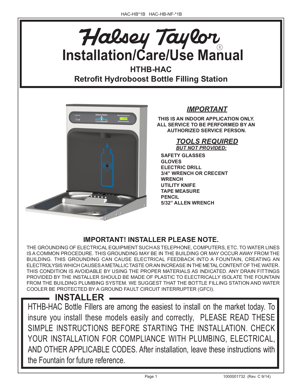 Halsey Taylor HAC-HB-1B Installation  Manual