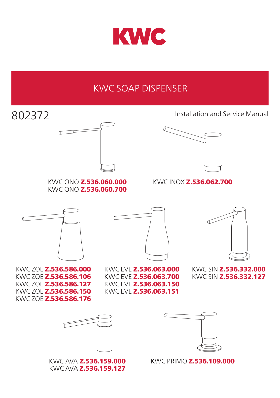 KWC ONO, INOX, ZOE, EVE, SIN Nstallation And Service Manual