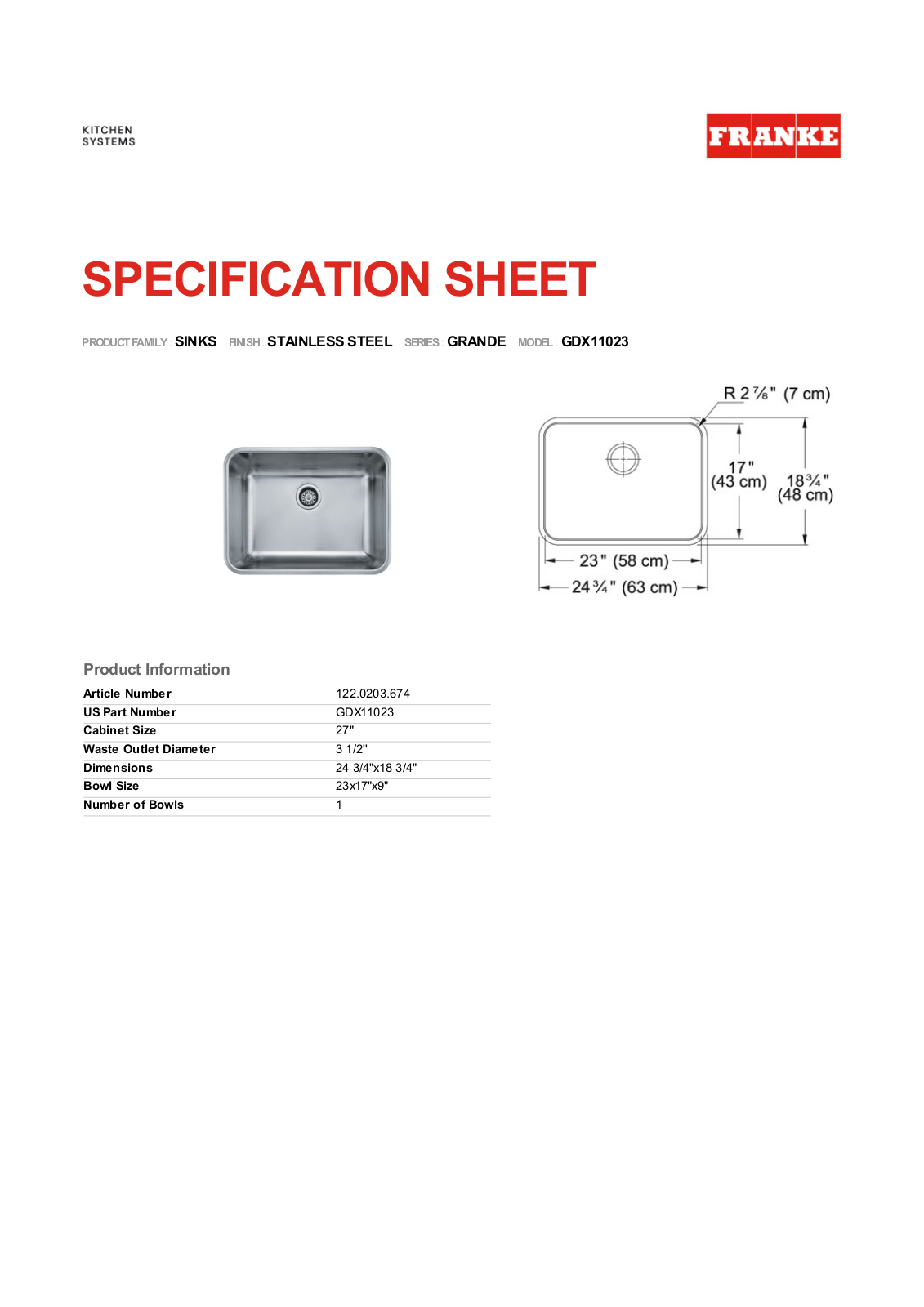 Franke Foodservice GDX11023 User Manual