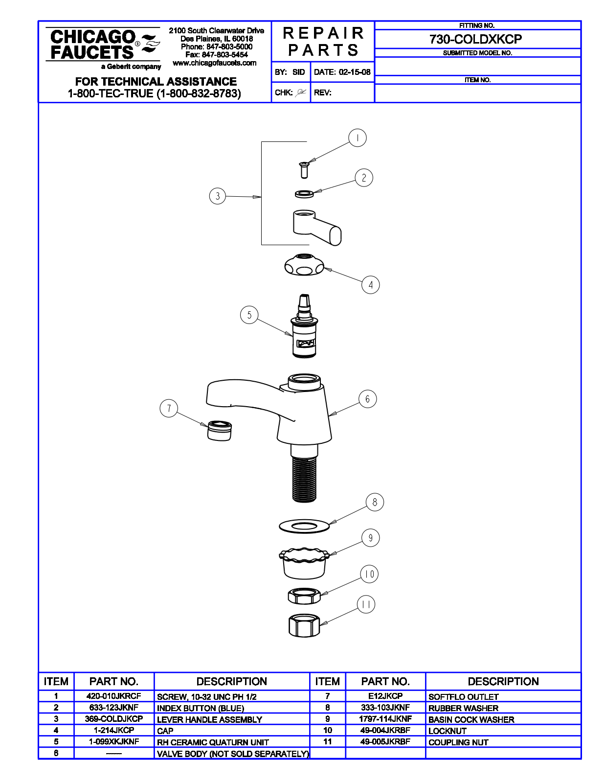 Chicago Faucet 730-COLDXKCP Parts List