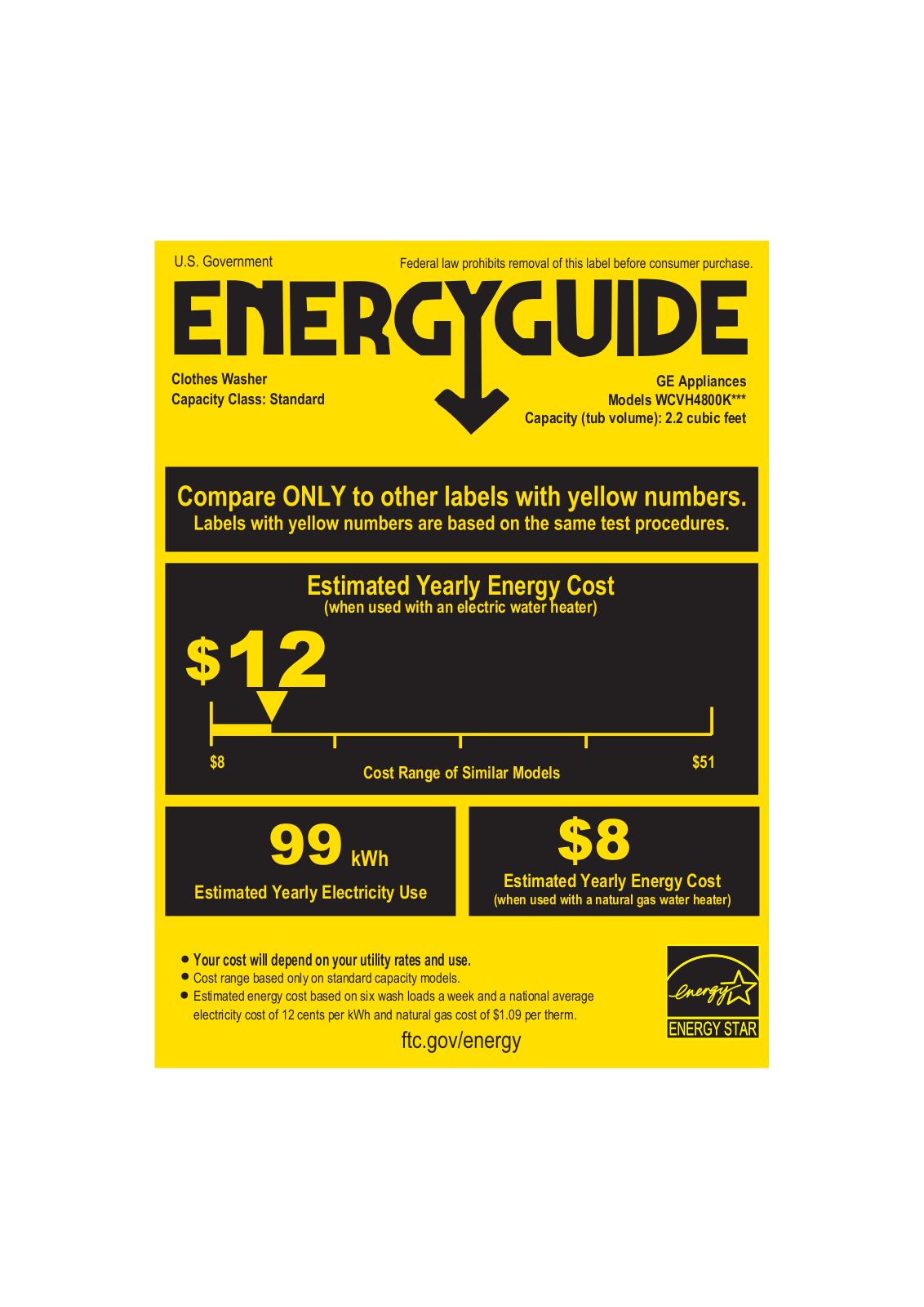 General Electric WCVH4800KWW Energy Guide