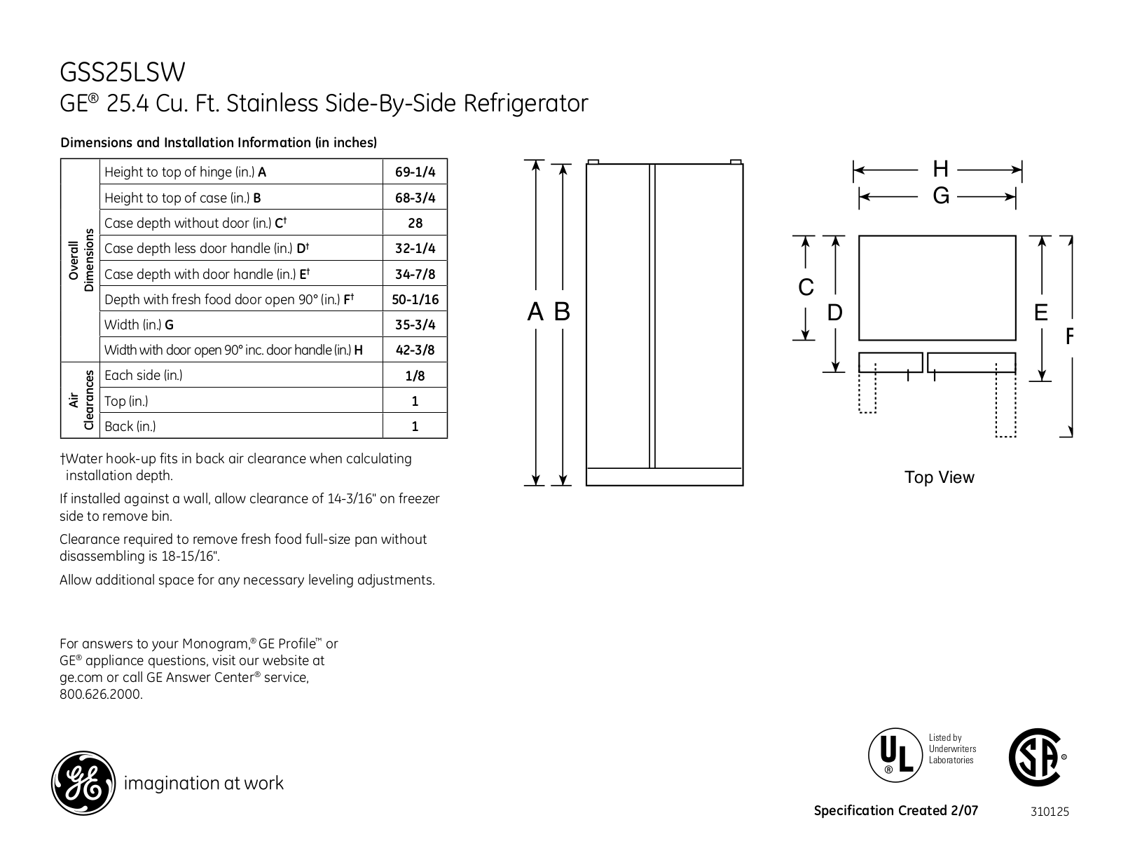 GE GSS25LSW Specification