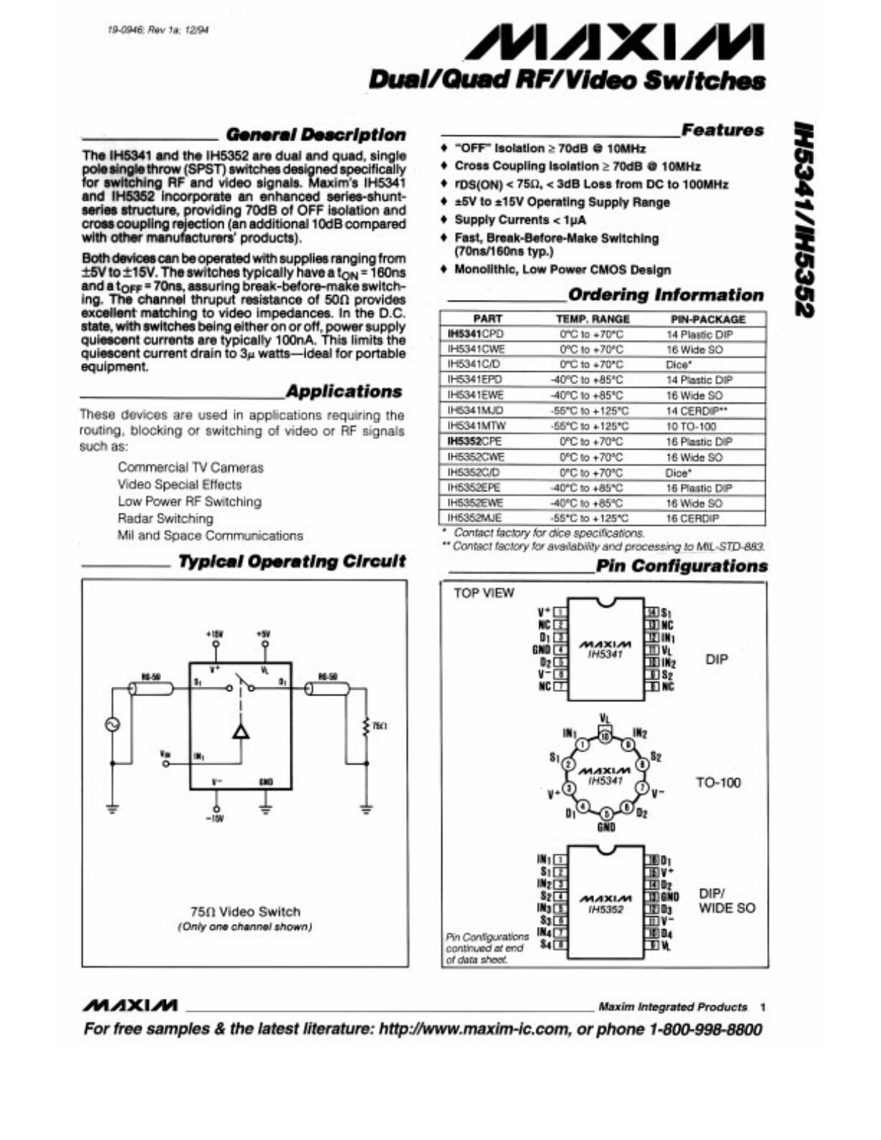 MAXIM IH5341, IH5352 Technical data