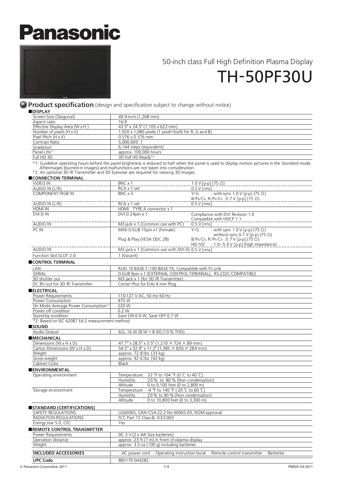 Panasonic TH-50PF30U Specification