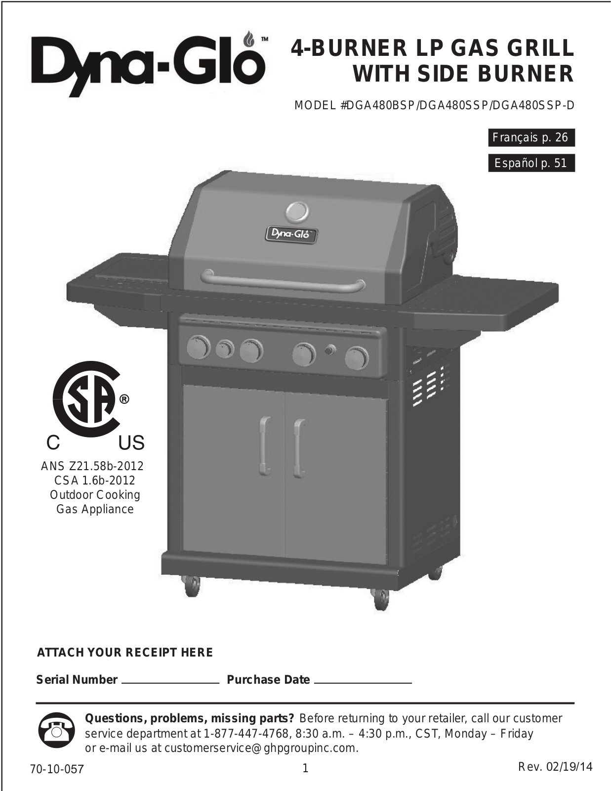 Dyna-glo Dga480ssp-1 Owner's Manual