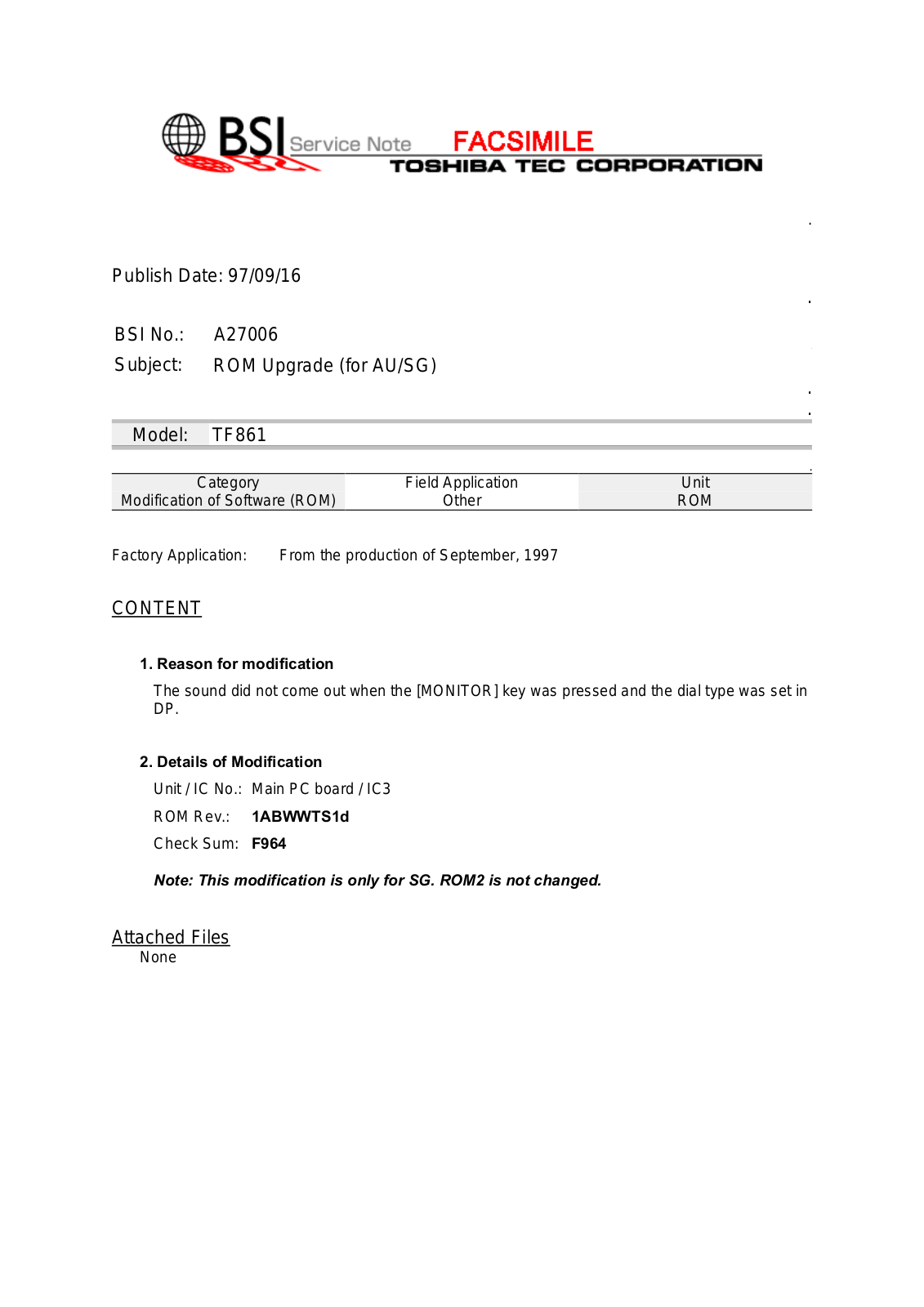 Toshiba A27006 Service Note