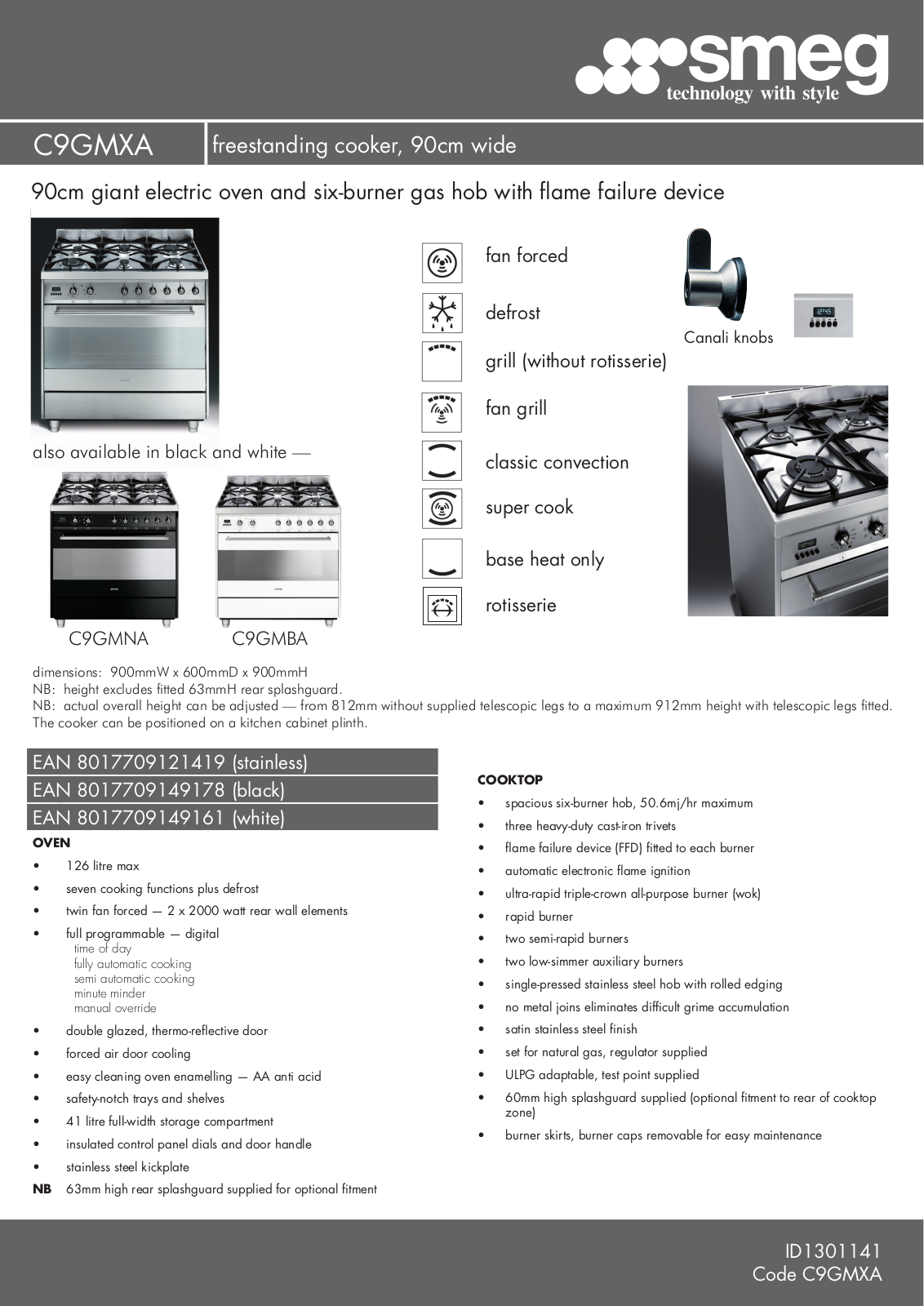 Smeg C9GMNA1, C9GMX Specifications Sheet