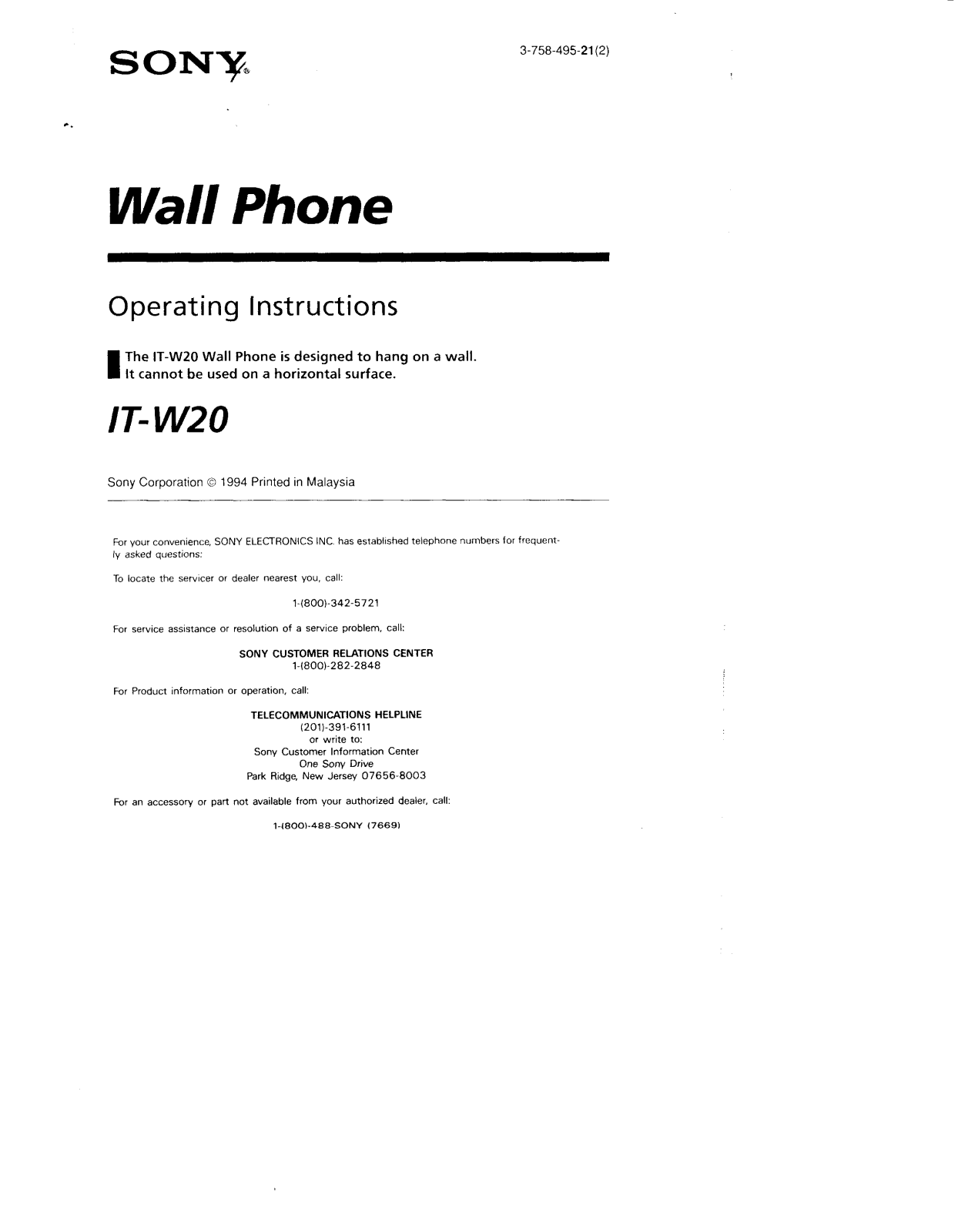 Sony IT-W20 Operating Instructions