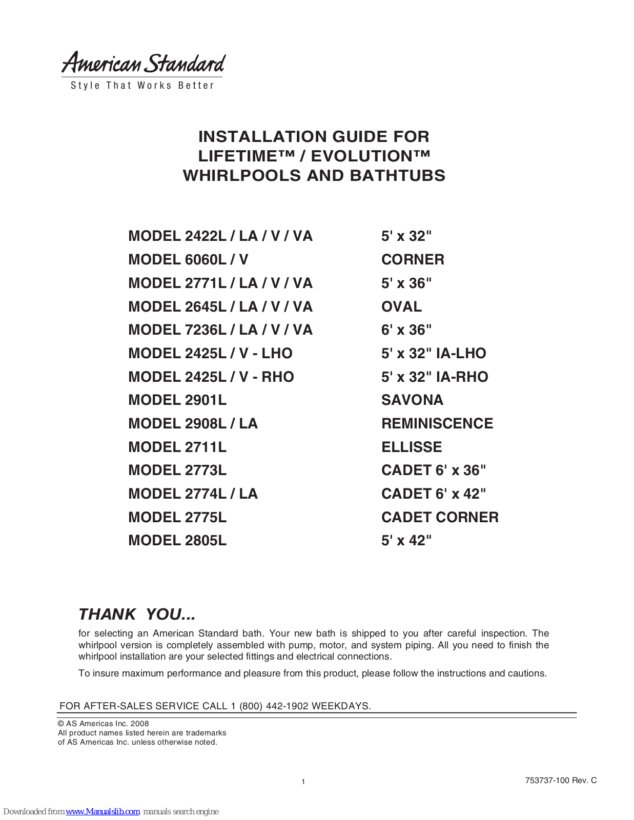 American Standard 2771L, 2773L, 2774L, 2775L, 2805L Installation Manual