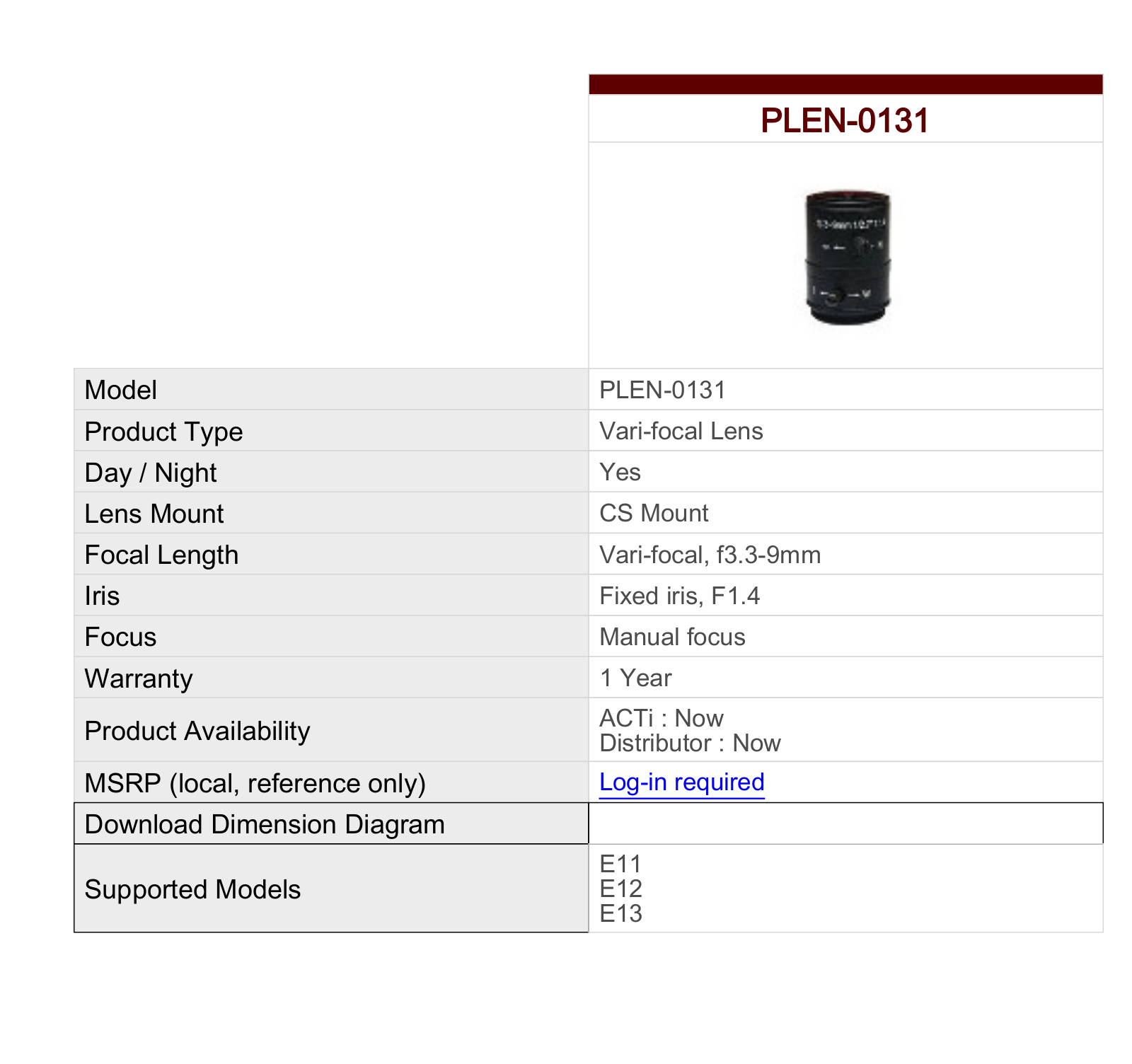 ACTi PLEN-0131 Specsheet