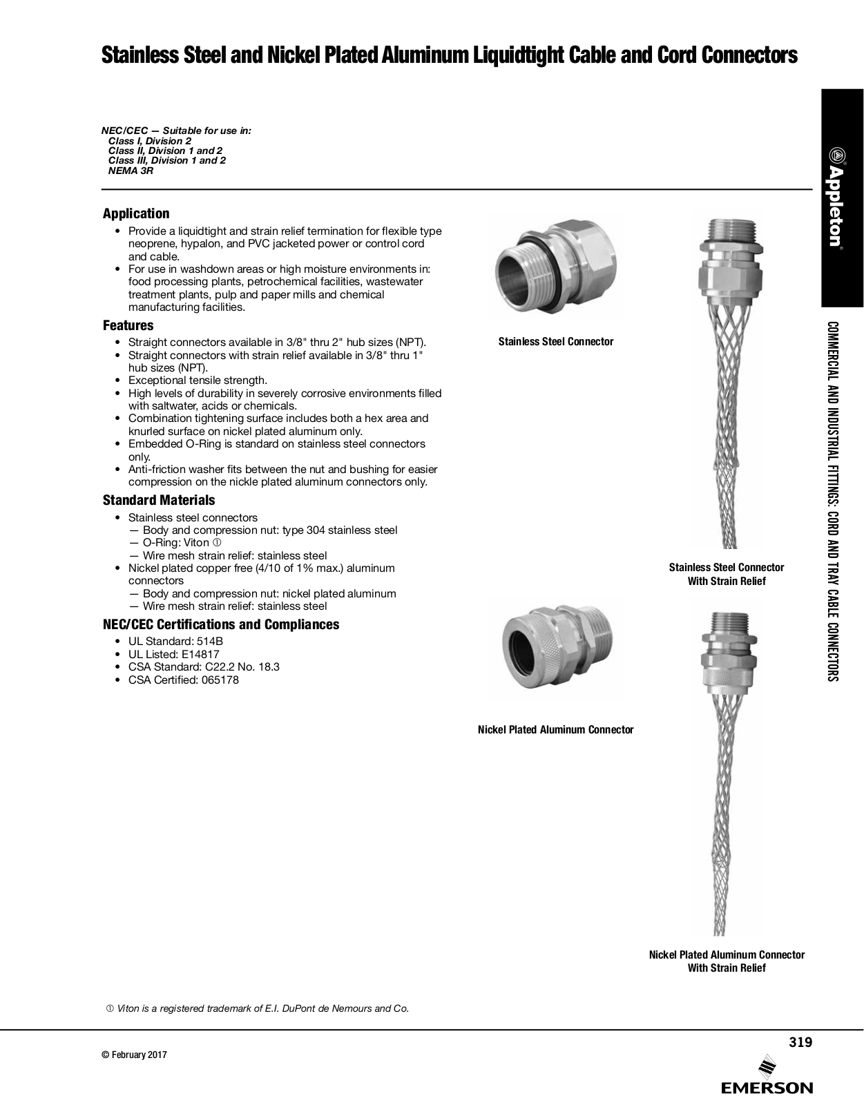 Appleton Stainless Steel and Nickel Plated Aluminum Liquidtight Cable and Cord Connectors Catalog Page