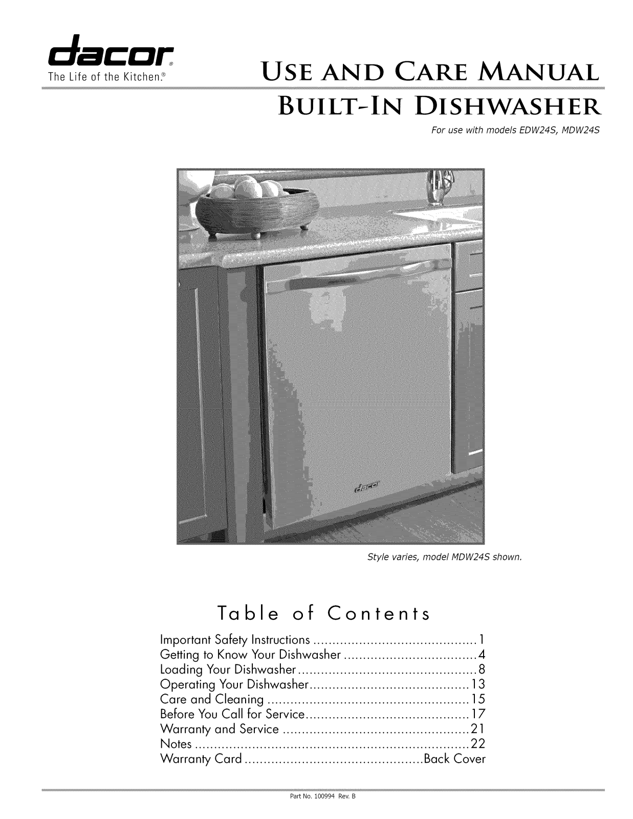 Dacor EDW24SCP, EDW24SCH, EDW24SBR, EDW24SBK, EDW24 Owner’s Manual