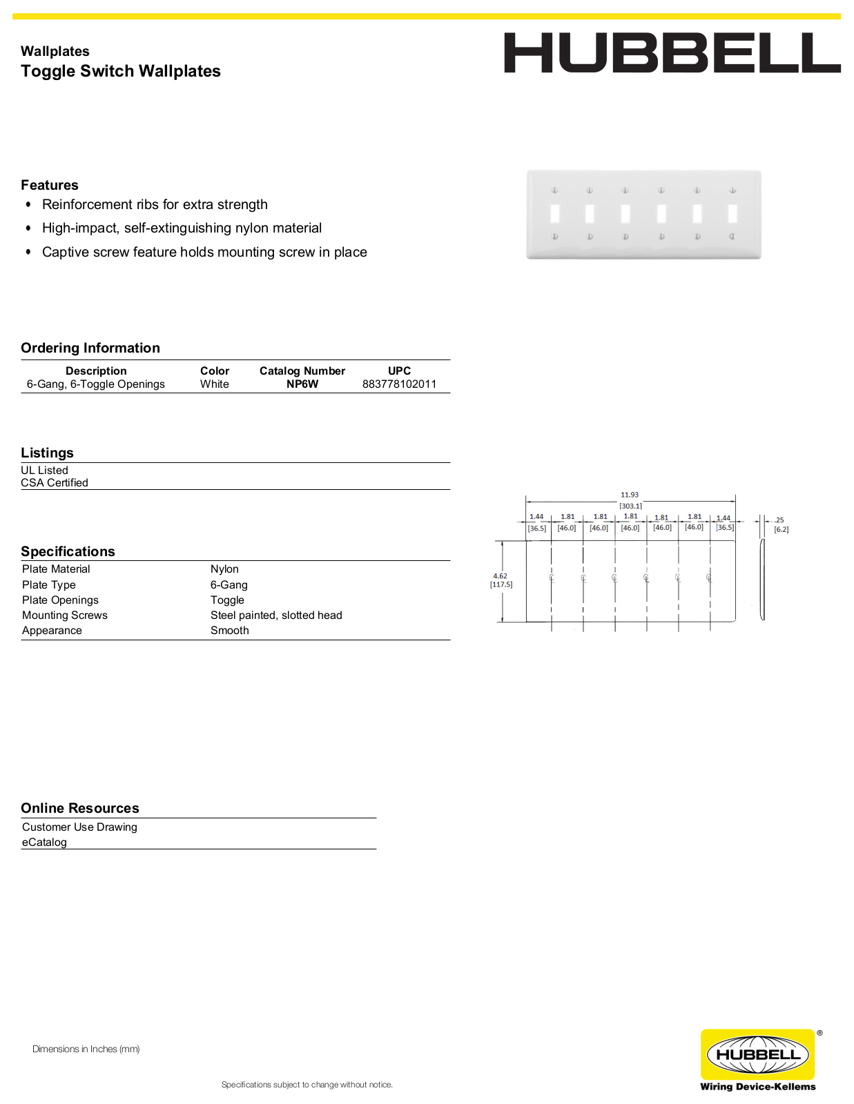 Hubbell NP6W Specifications