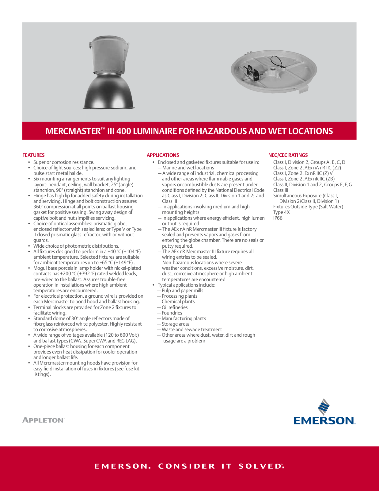 Appleton Mercmaster™ III 400 Luminaire for Hazardous and Wet Locations Data Sheet