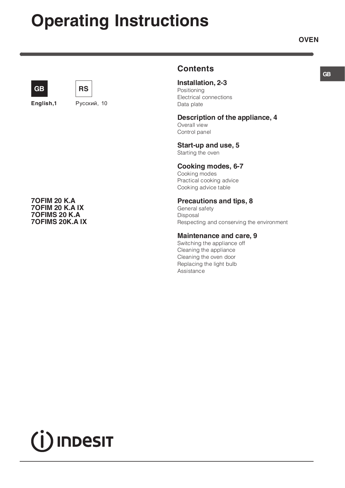 Indesit 7OFIM-20-K.A-IX User Manual