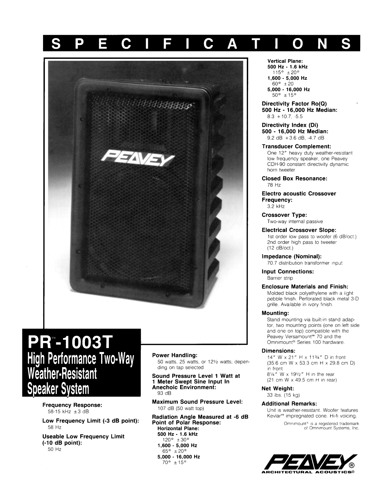 Peavey PR-1003T DATASHEET