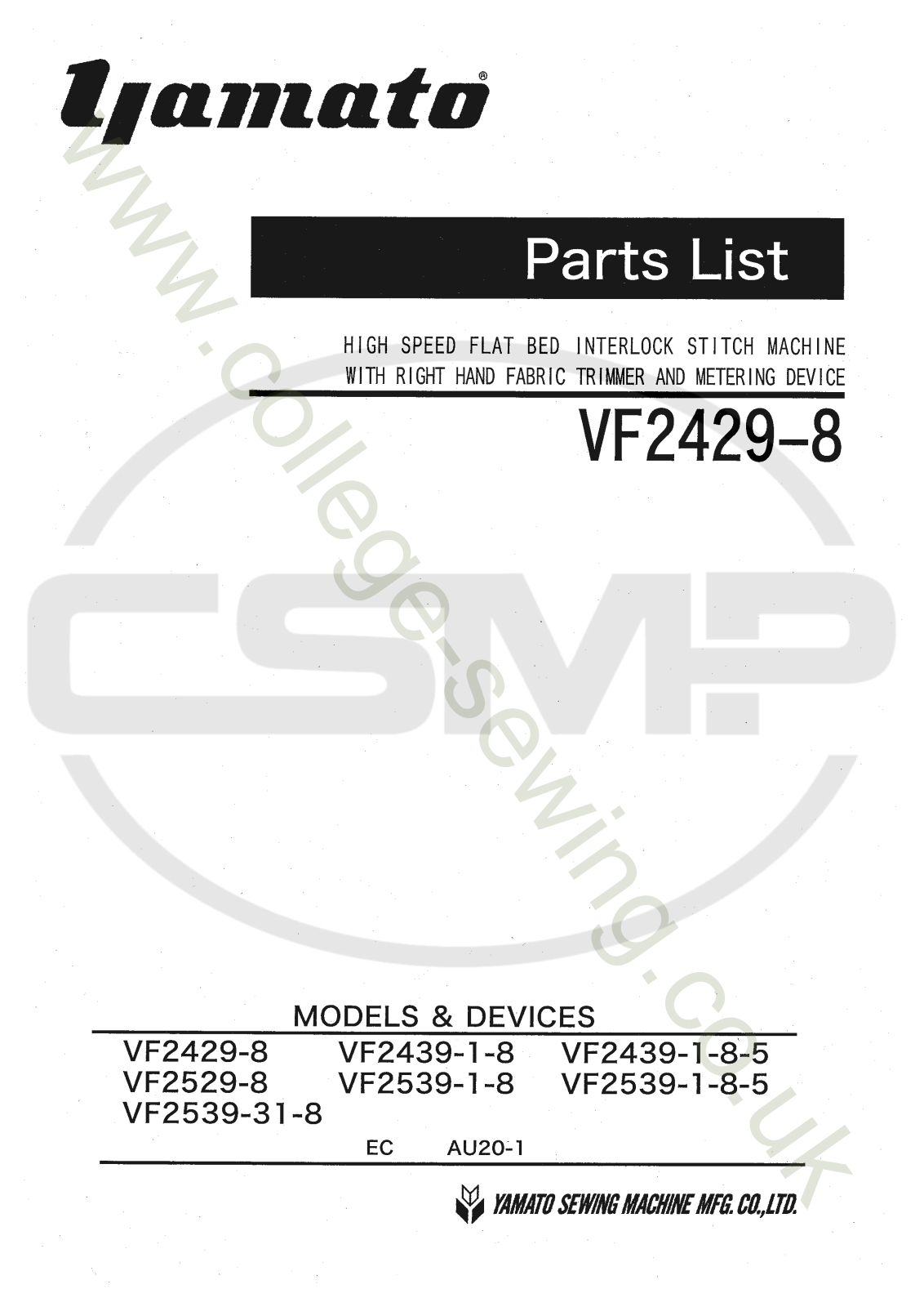 Yamato VF2439-1-8, VF2439-1-8-5, VF2529-8, VF2539-1-8, VF2539-1-8-5 Parts Book