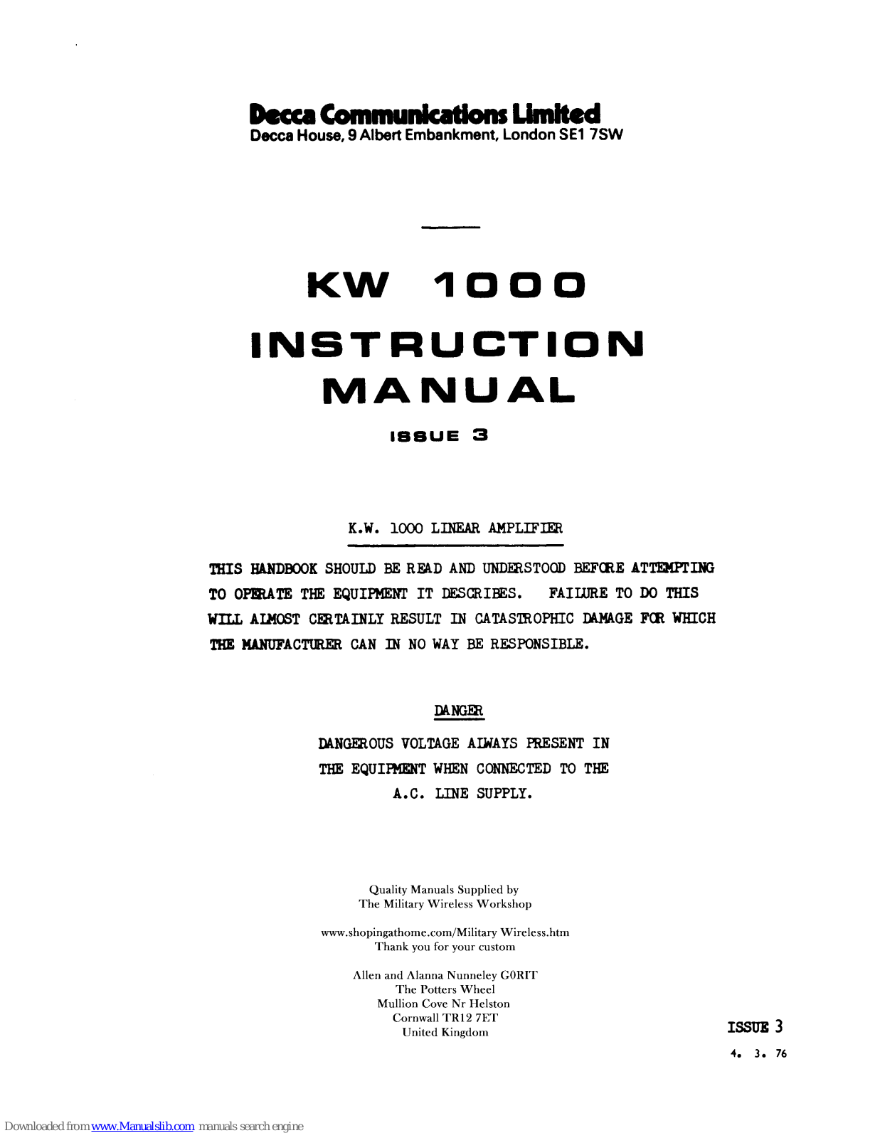 Decca Communications KW 1000 Instruction Manual