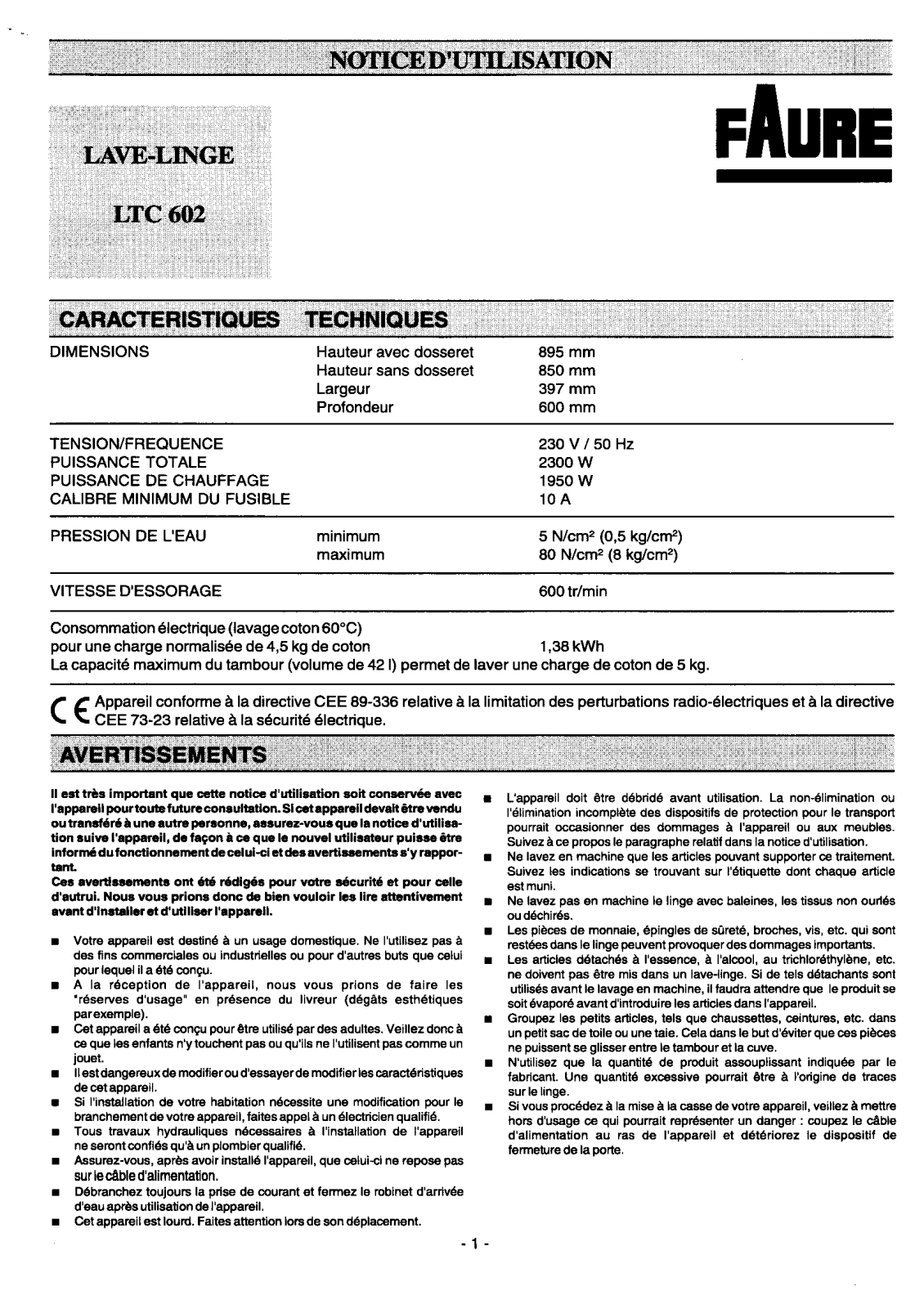 FAURE LTC602 User Manual