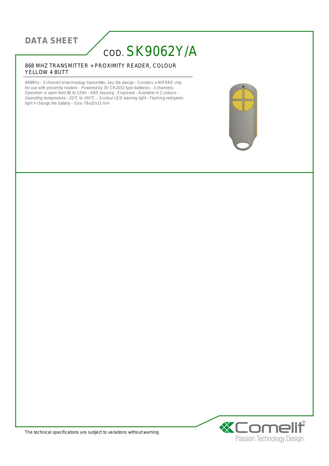 Comelit SK9062Y-A Specsheet