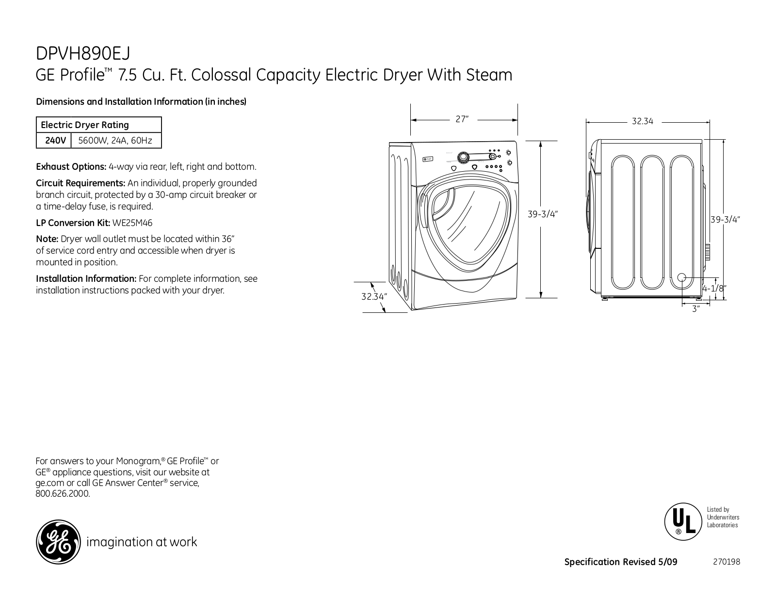 GE DPVH890EJ Specification