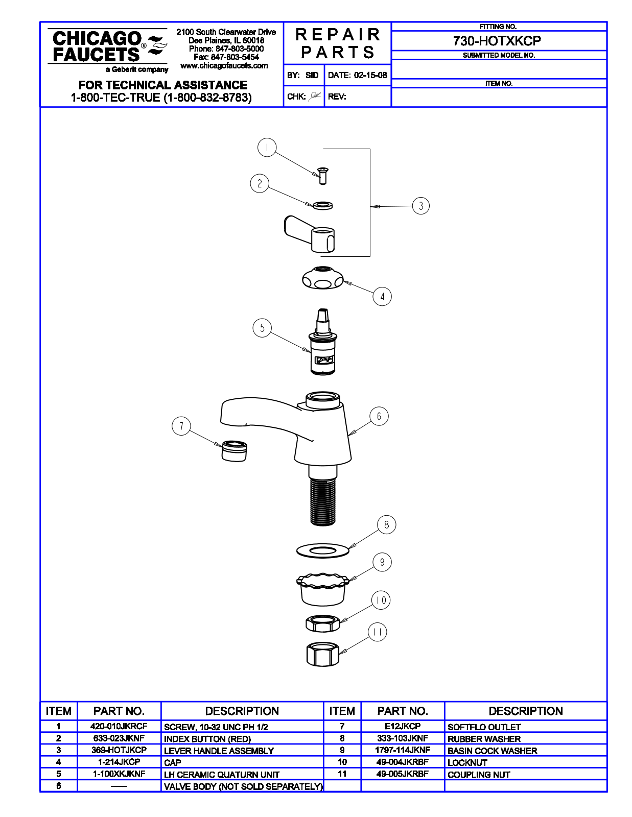 Chicago Faucet 730-HOTXK Parts List