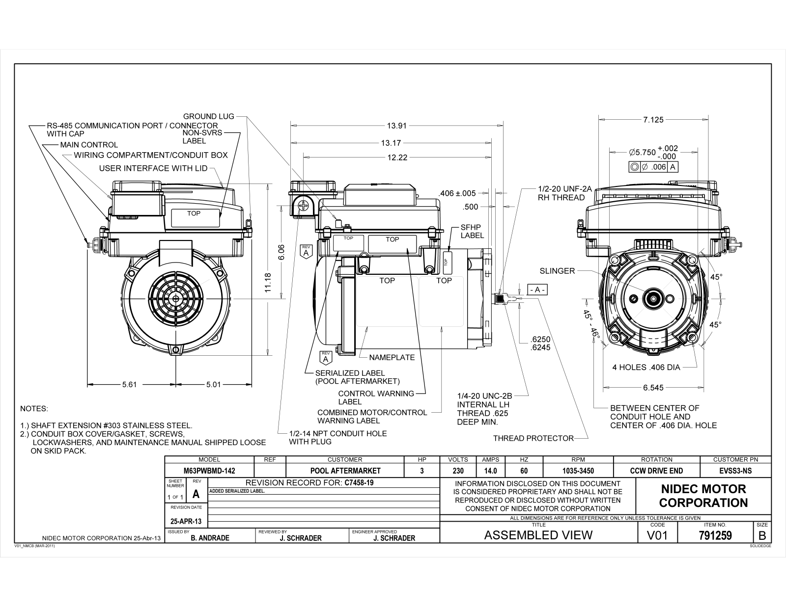 US Motors EVSS3-NS Dimensional Sheet - ManualMachine.com