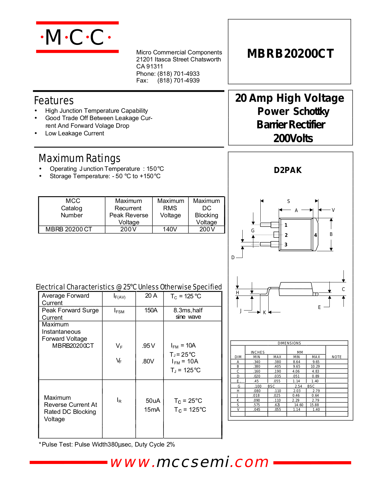 MCC MBRB20200CT Datasheet