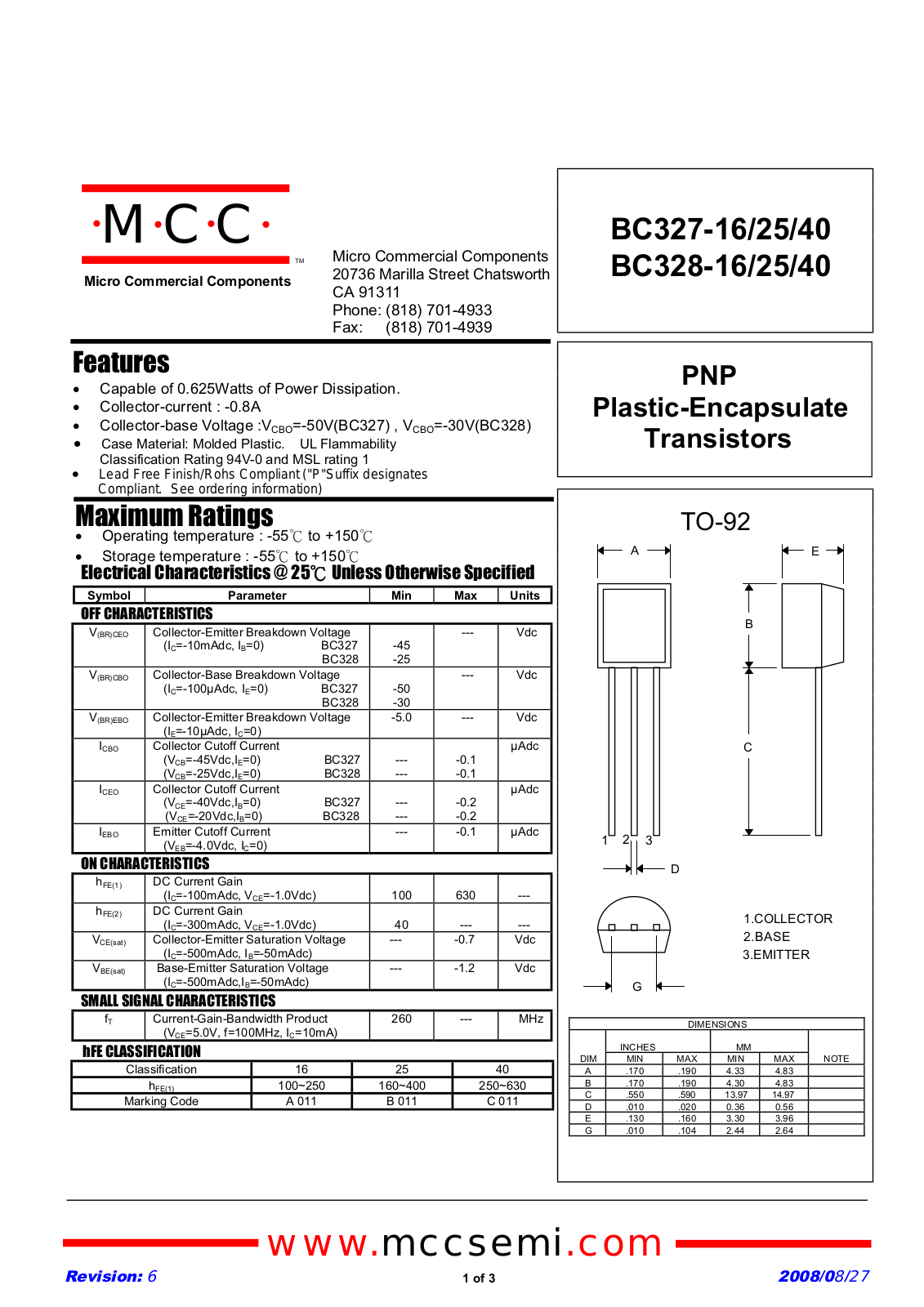 Micro Commercial Components BC327-16, BC327-25, BC327-40 Technical data