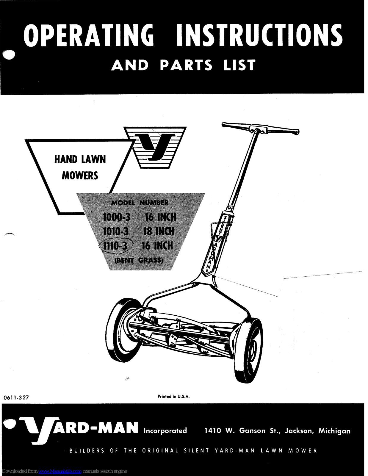 Yard-Man 1000-3, 1010-3, 1110-3 Operating Instructions And Parts List Manual