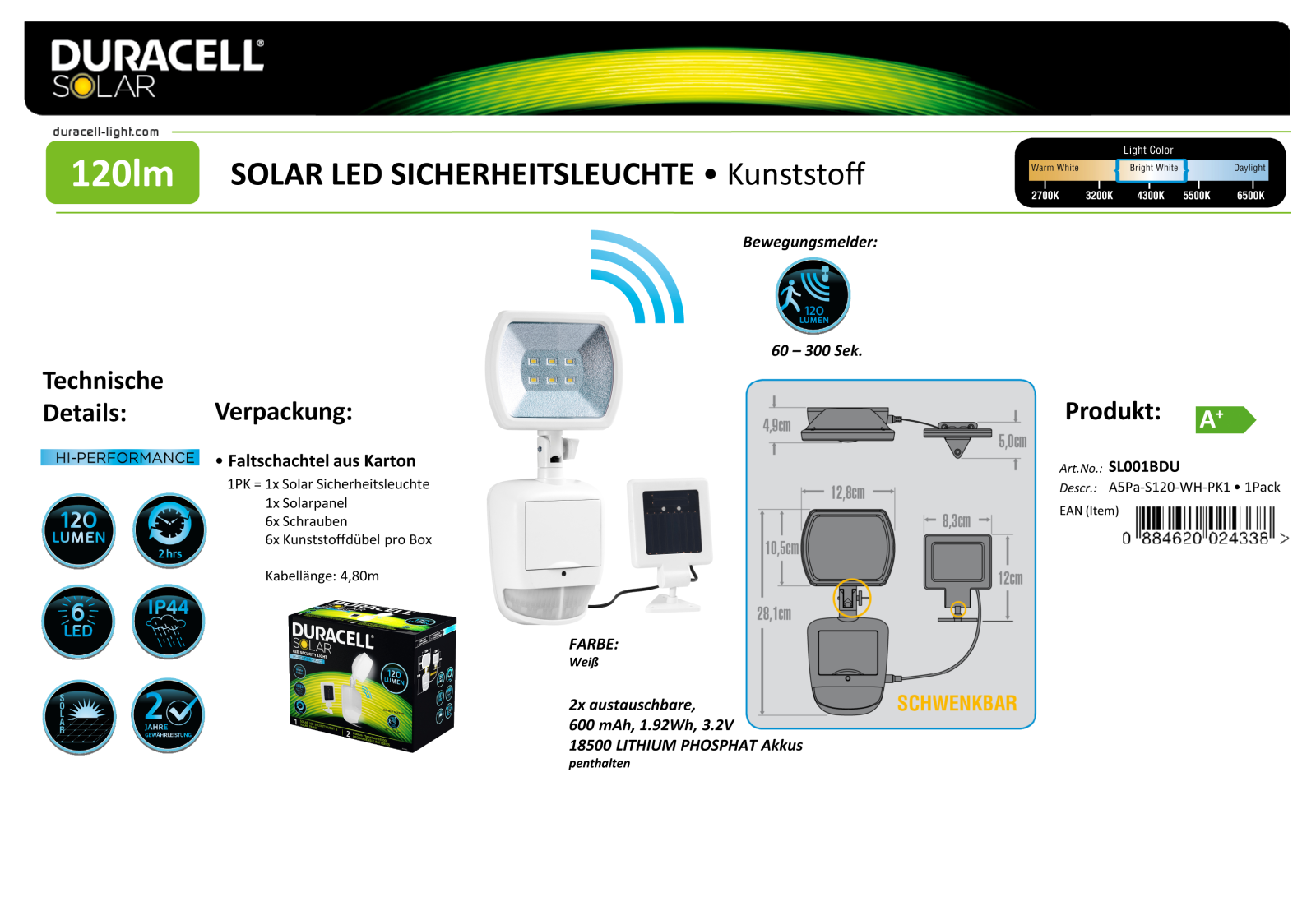 Duracell SL001BDU Technical data