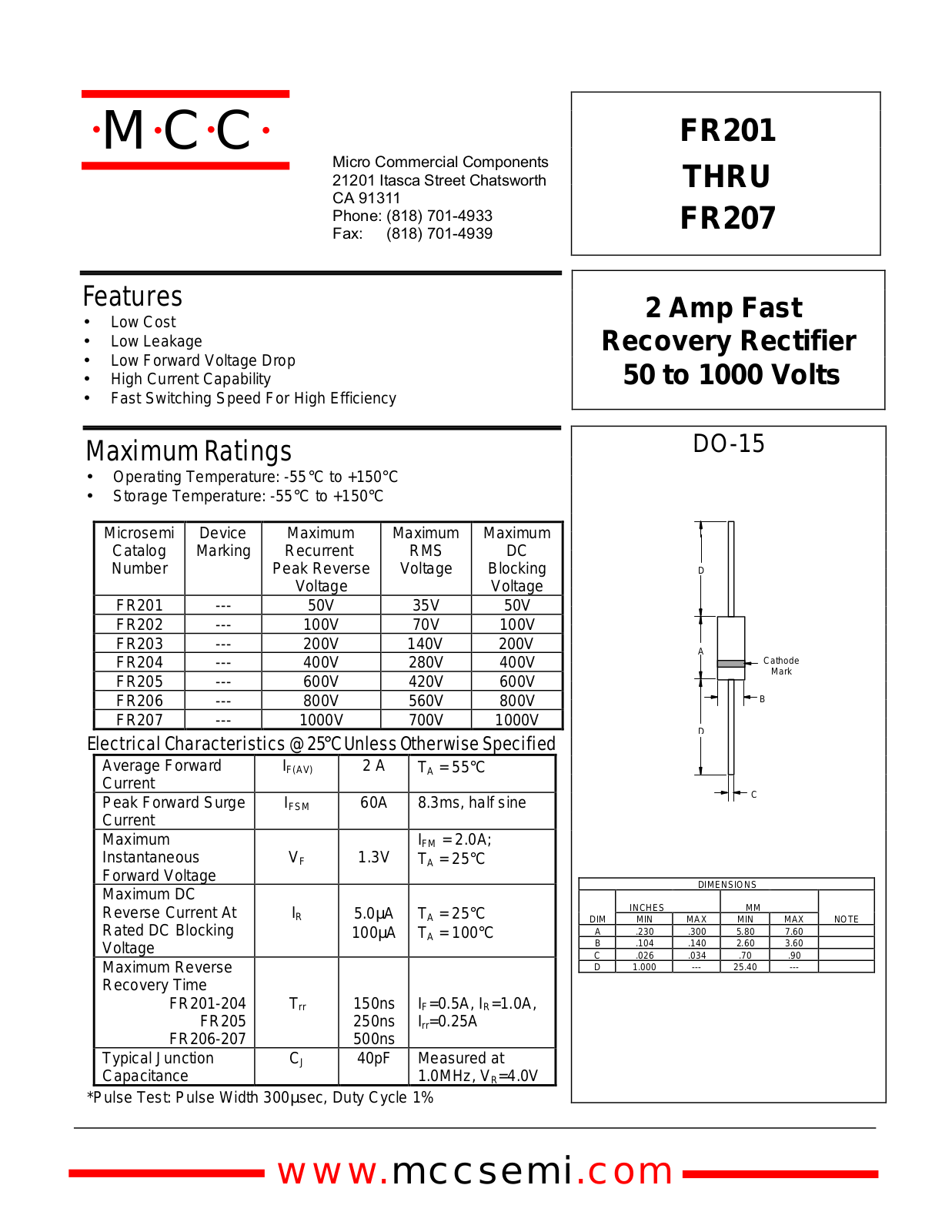 MCC FR207, FR206, FR205, FR203, FR202 Datasheet