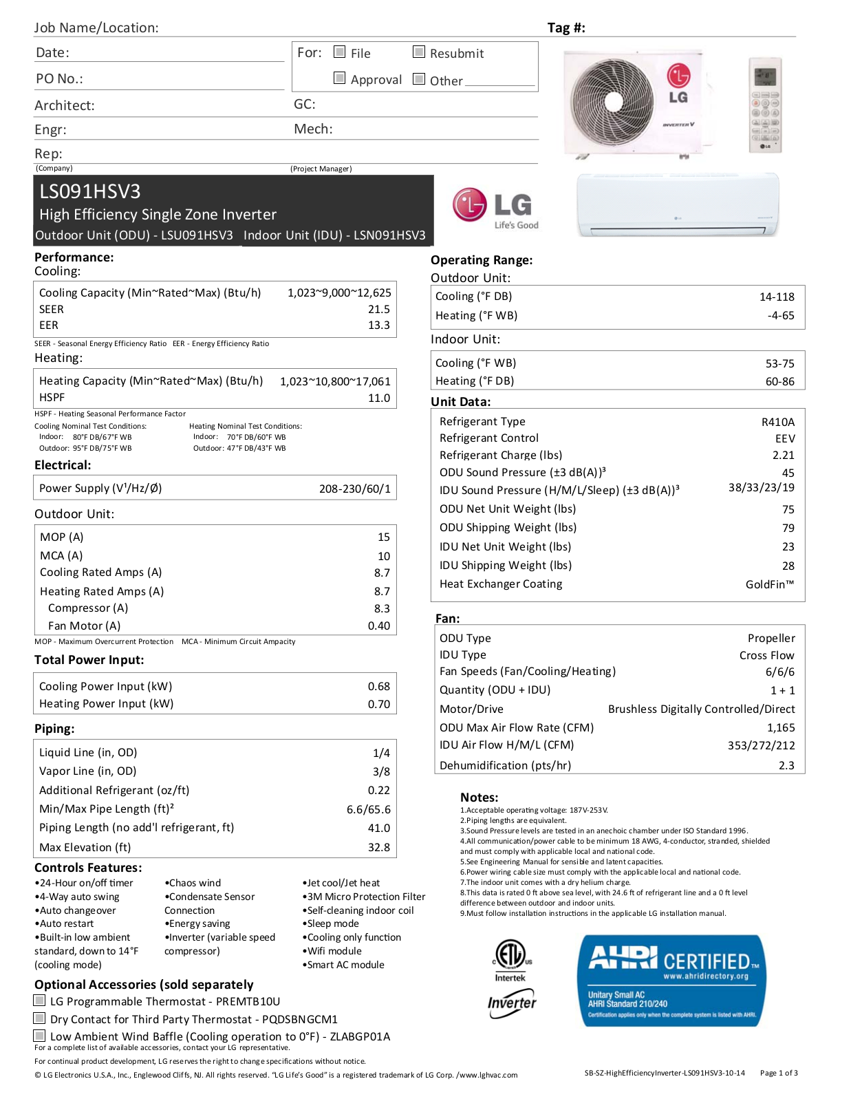 LG LS091HSV3 Specifications