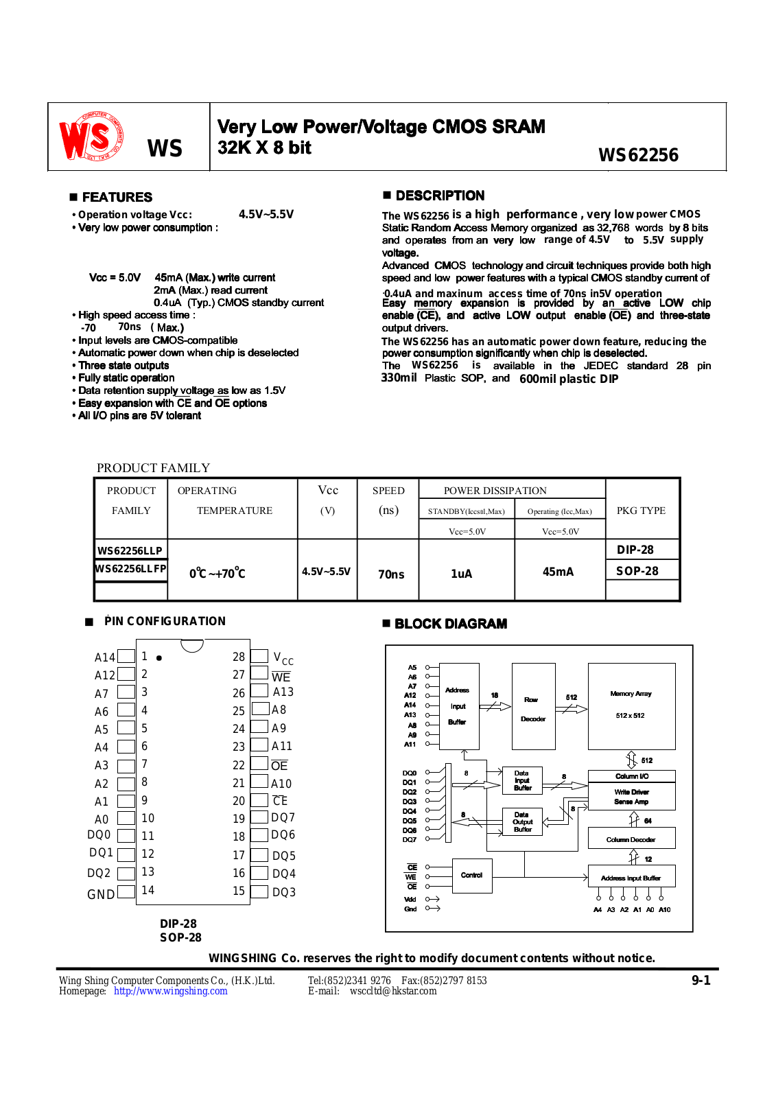 Wing Shing WS62256LLP, WS62256LLFP Datasheet