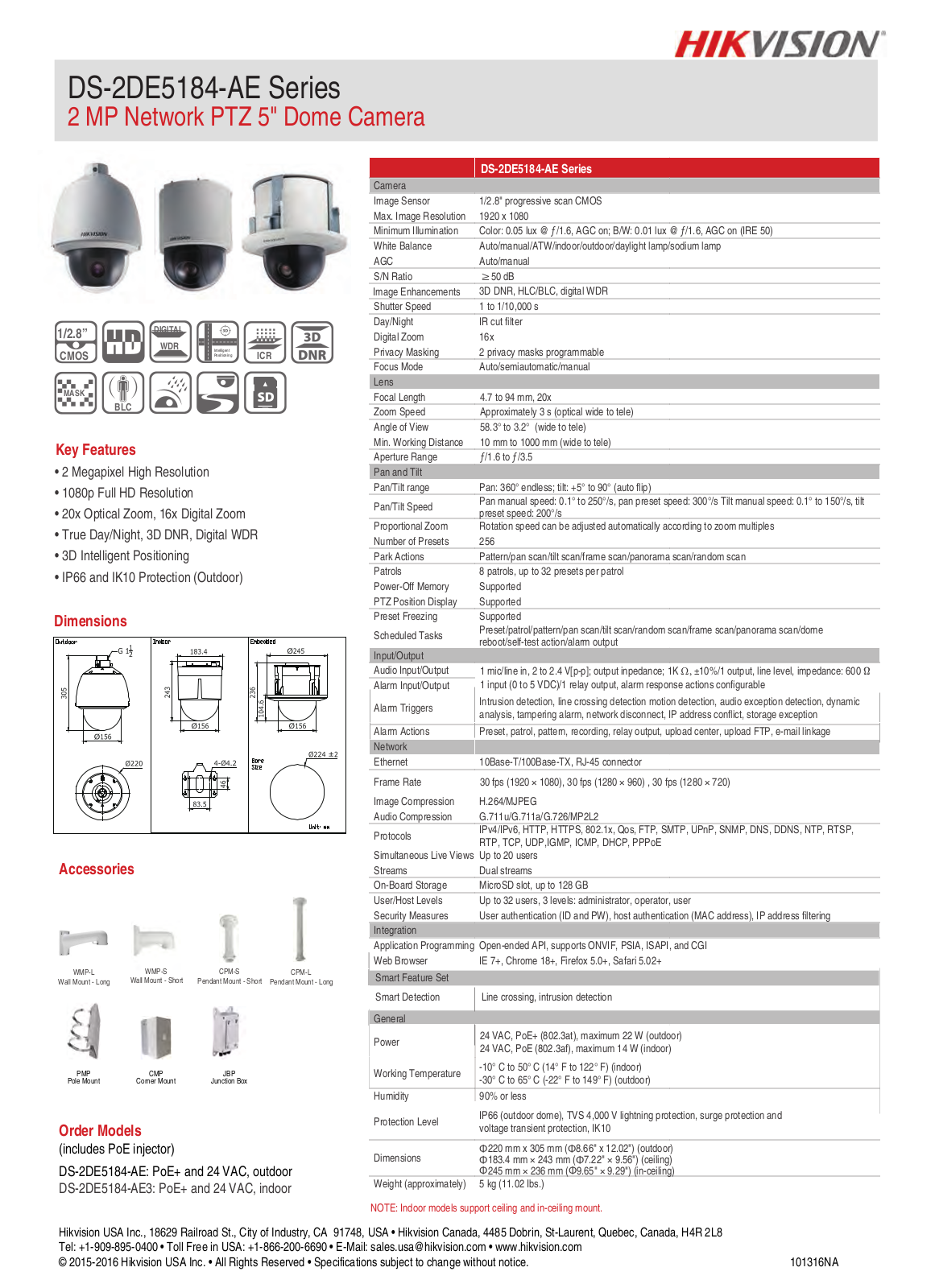 Hikvision DS-2DE5184-AE Specsheet