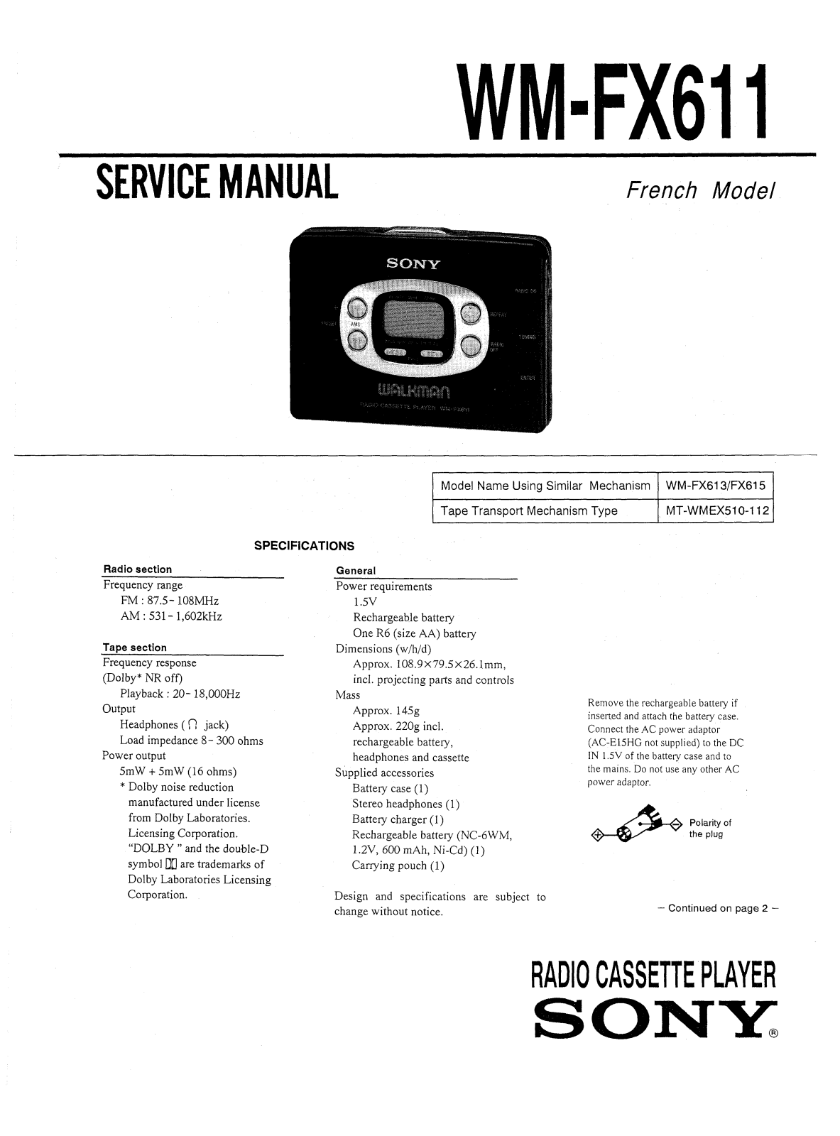 Sony WMFX-611 Service manual