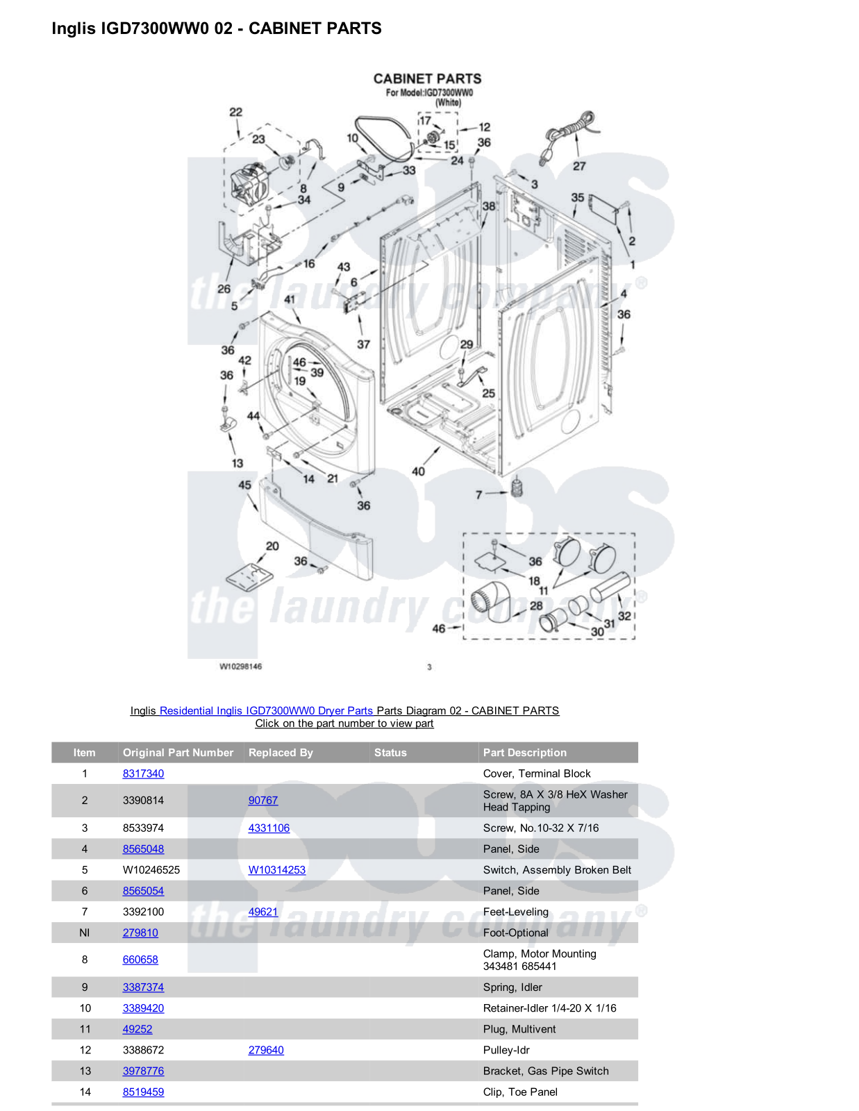 Inglis IGD7300WW0 Parts Diagram