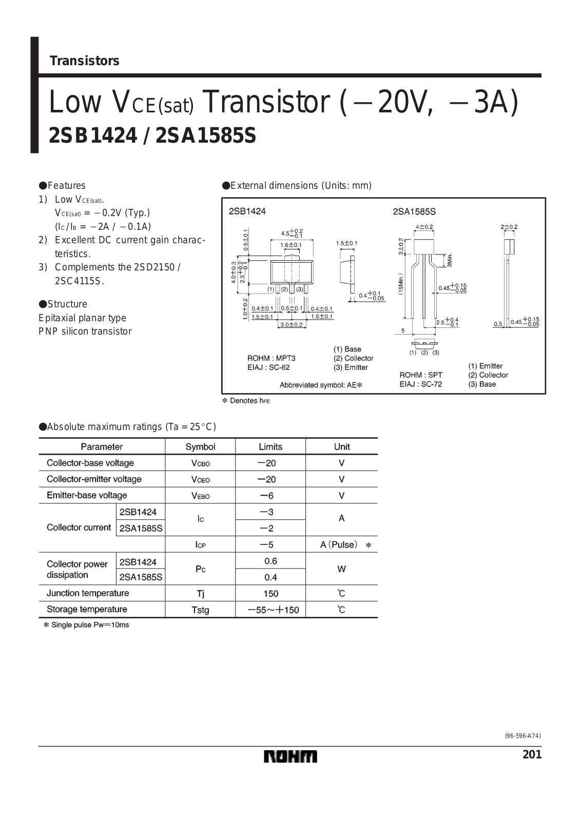 ROHM 2SB1585S, 2SB1424 Datasheet