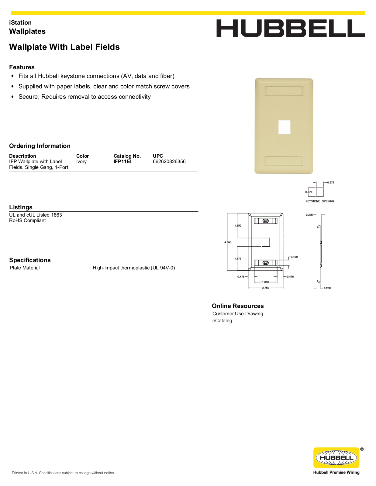 Hubbell IFP11EI Specifications