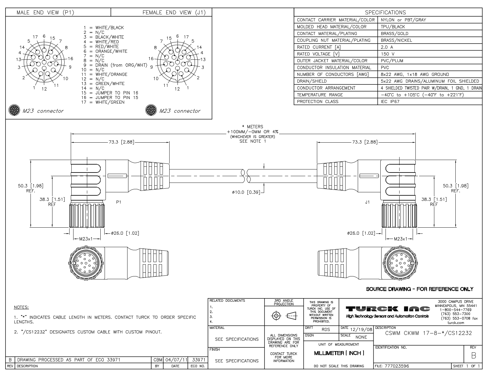 Turck CSWMCKWM17-8-0.5/CS12232 Specification Sheet