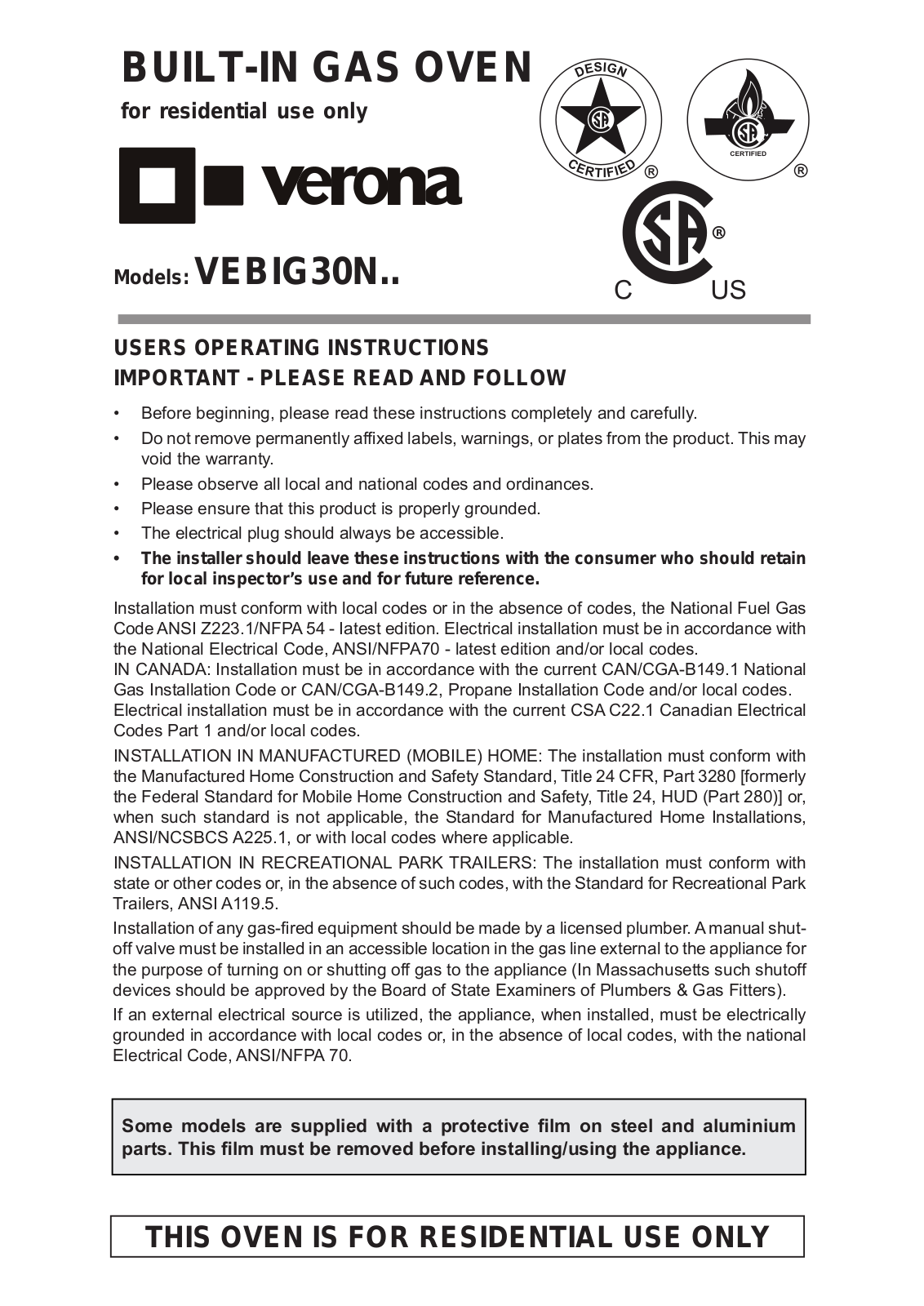 Verona VEBIG30N OPERATING INSTRUCTIONS