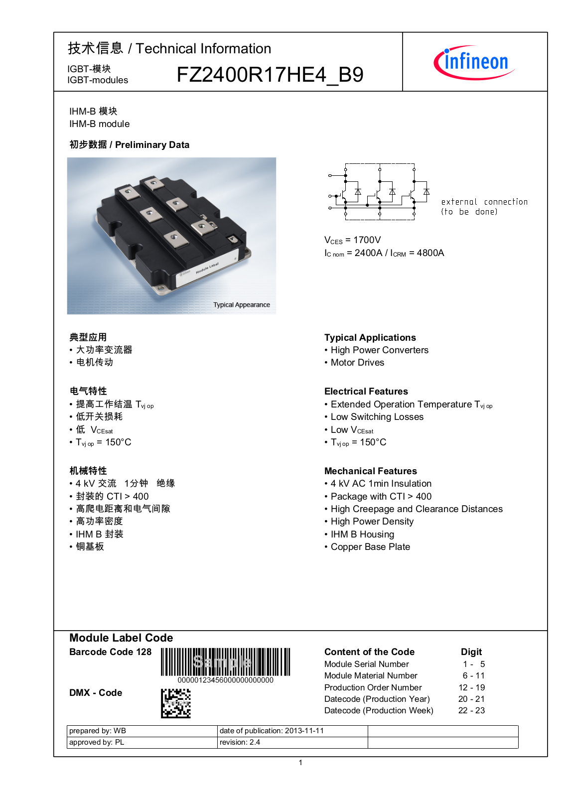 Infineon FZ2400R17HE4_B9 Data Sheet