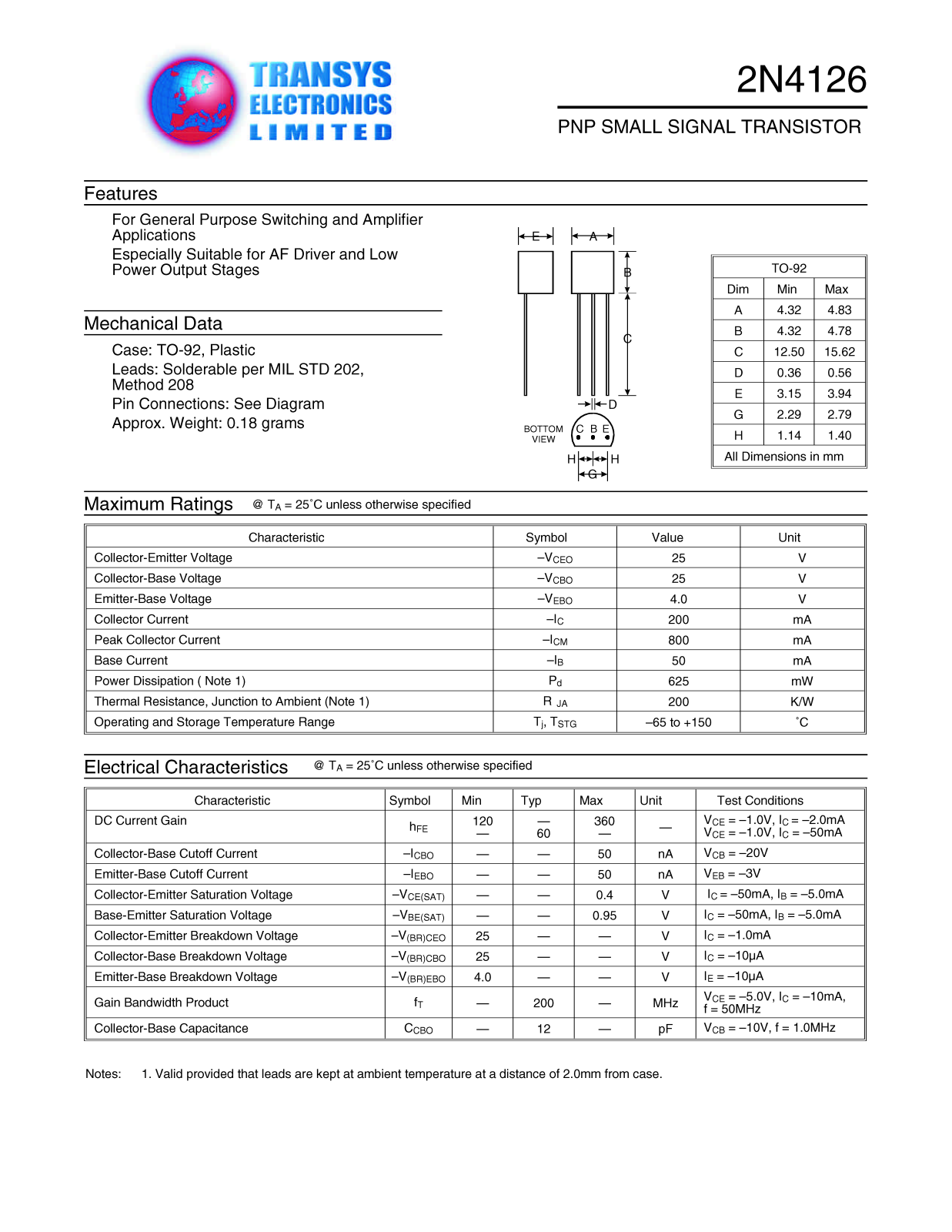 TEL 2N4126, 2N4126 Datasheet