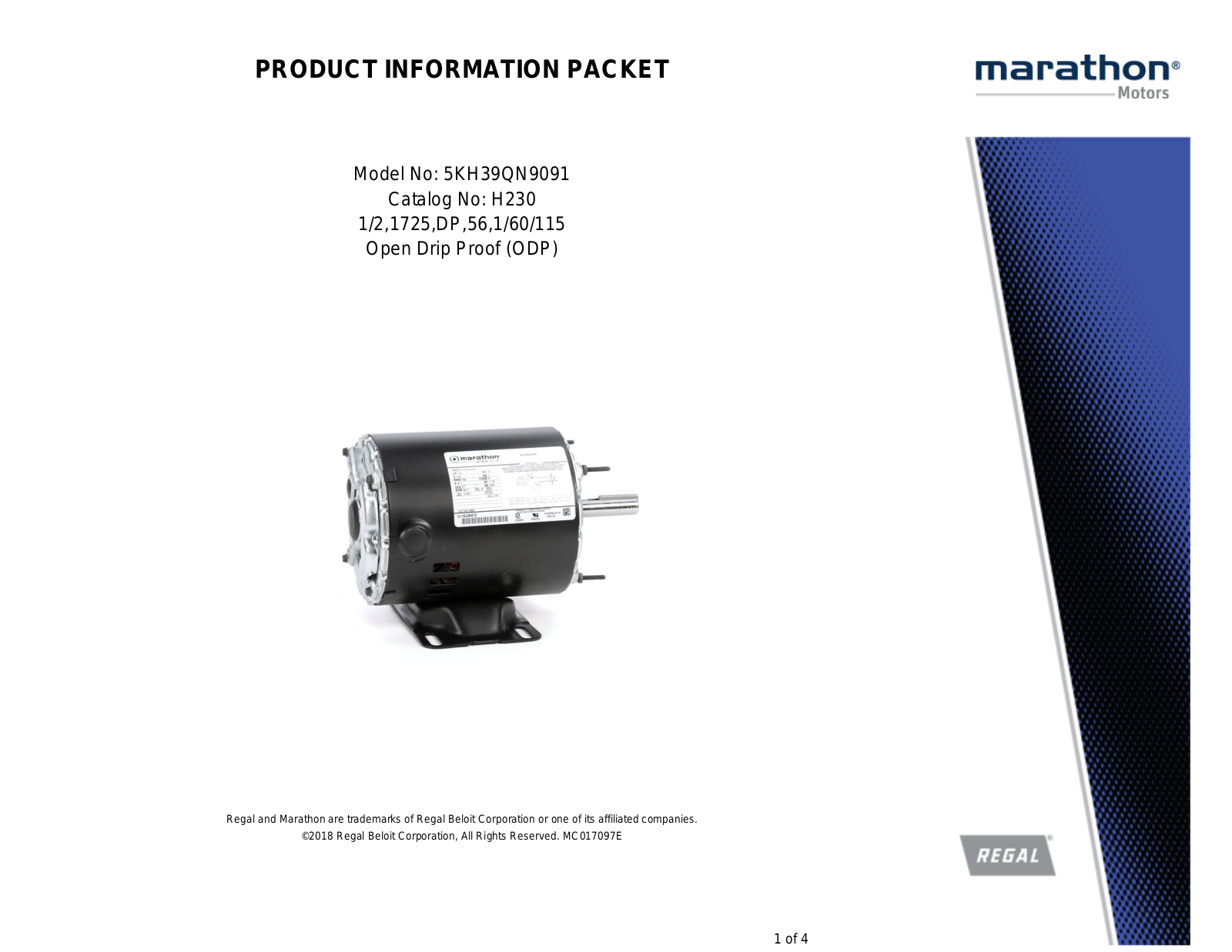 Marathon Electric 5KH39QN9091 Product Information Packet