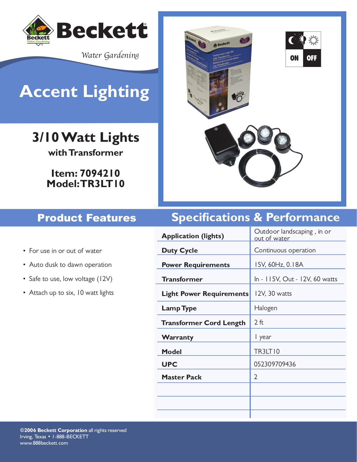 Beckett Water Gardening Accent Lighting TR3LT10 User Manual