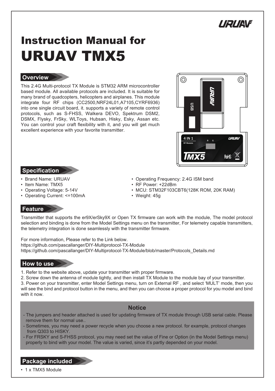 URUAV TMX5 Instruction Manual