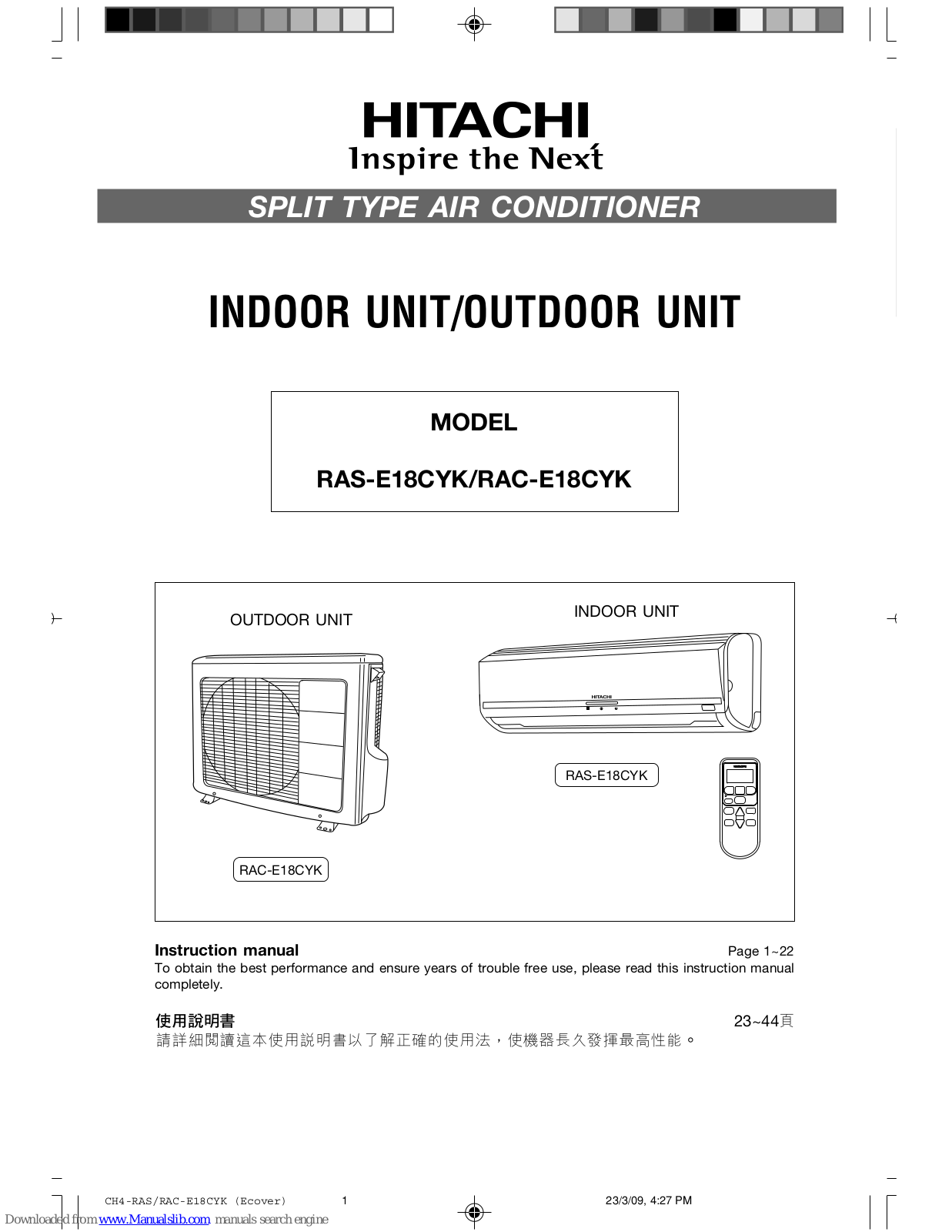 Hitachi RAS-E18CYK, RAC-E18CYK Instruction Manual